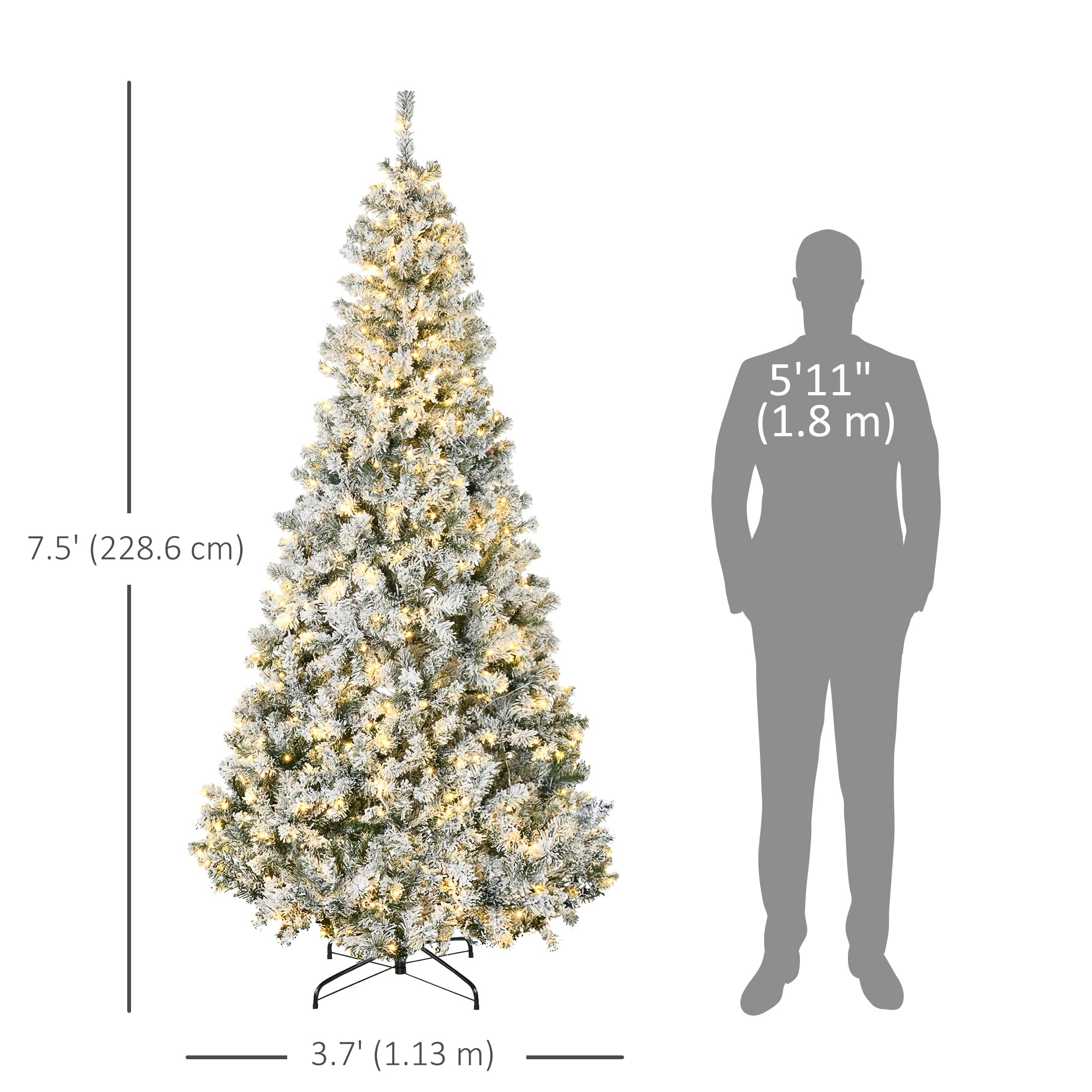 7.5ft Prelit Snow Flocked Artificial Christmas Tree, Realistic Xmas Tree with 500 Warm White LED Light and 1188 Tips, Metal Base, Auto Open, Green