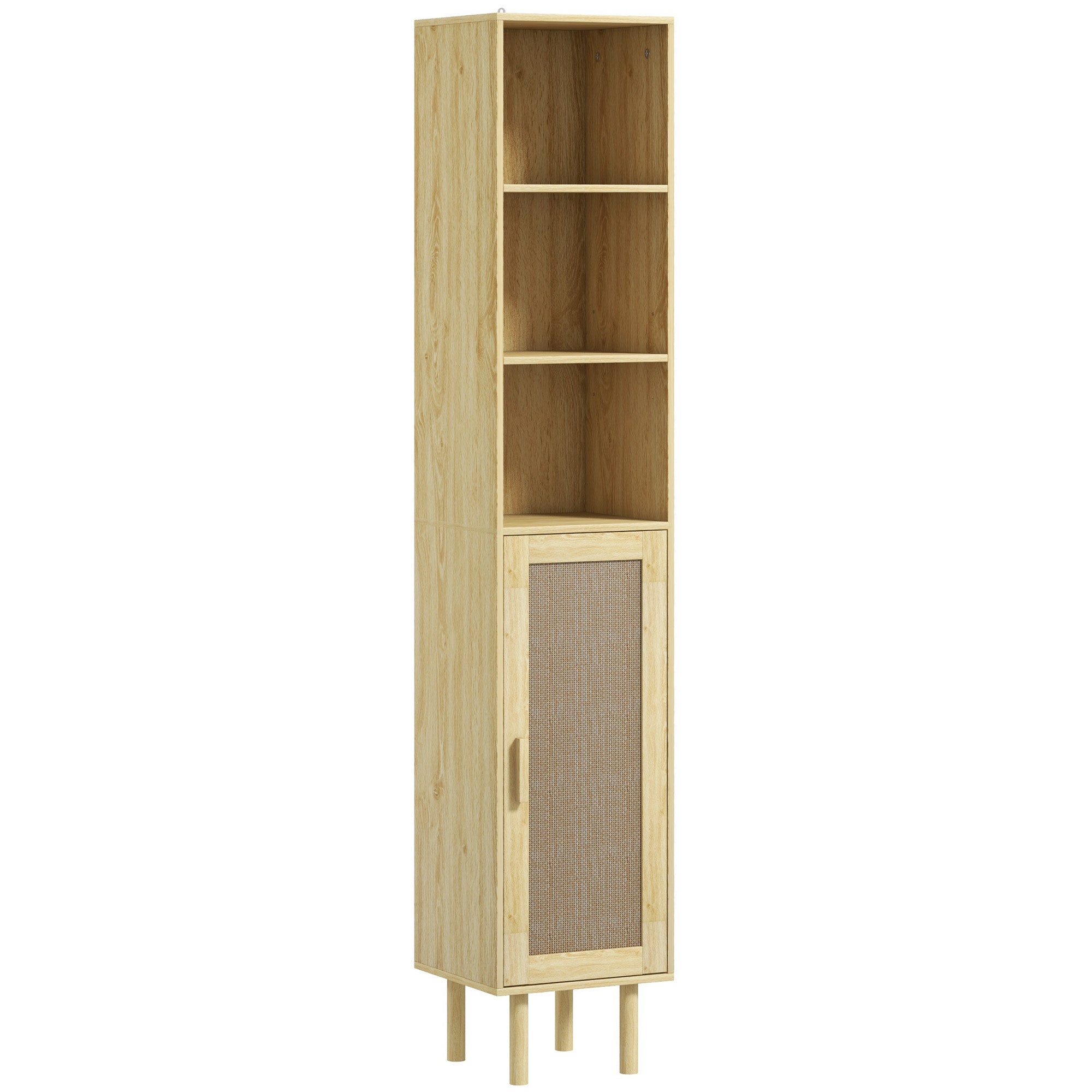 Tall Bathroom Cabinet with Rattan Doors Freestanding Storage Oak