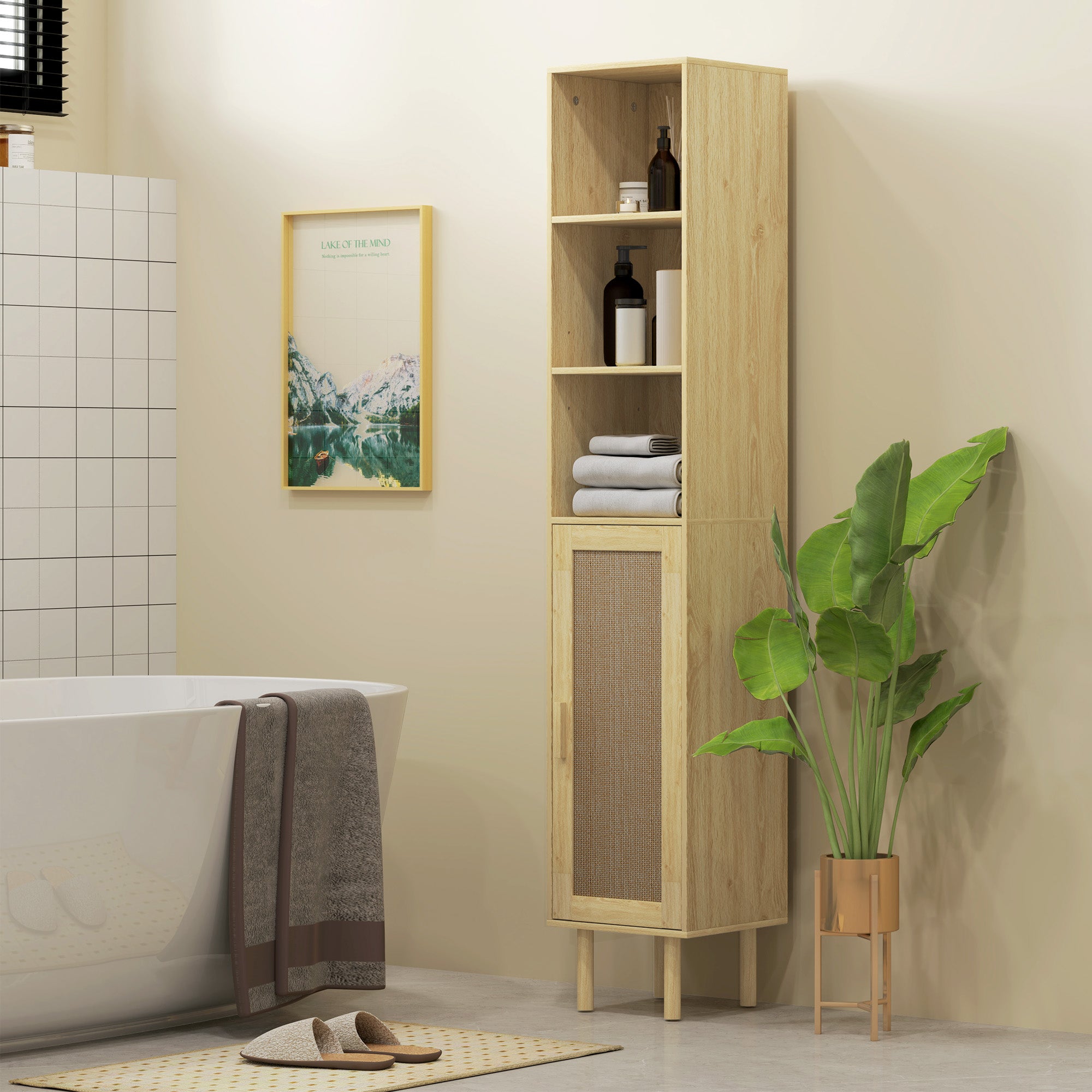 Tall Bathroom Cabinet with Rattan Doors Freestanding Storage Oak