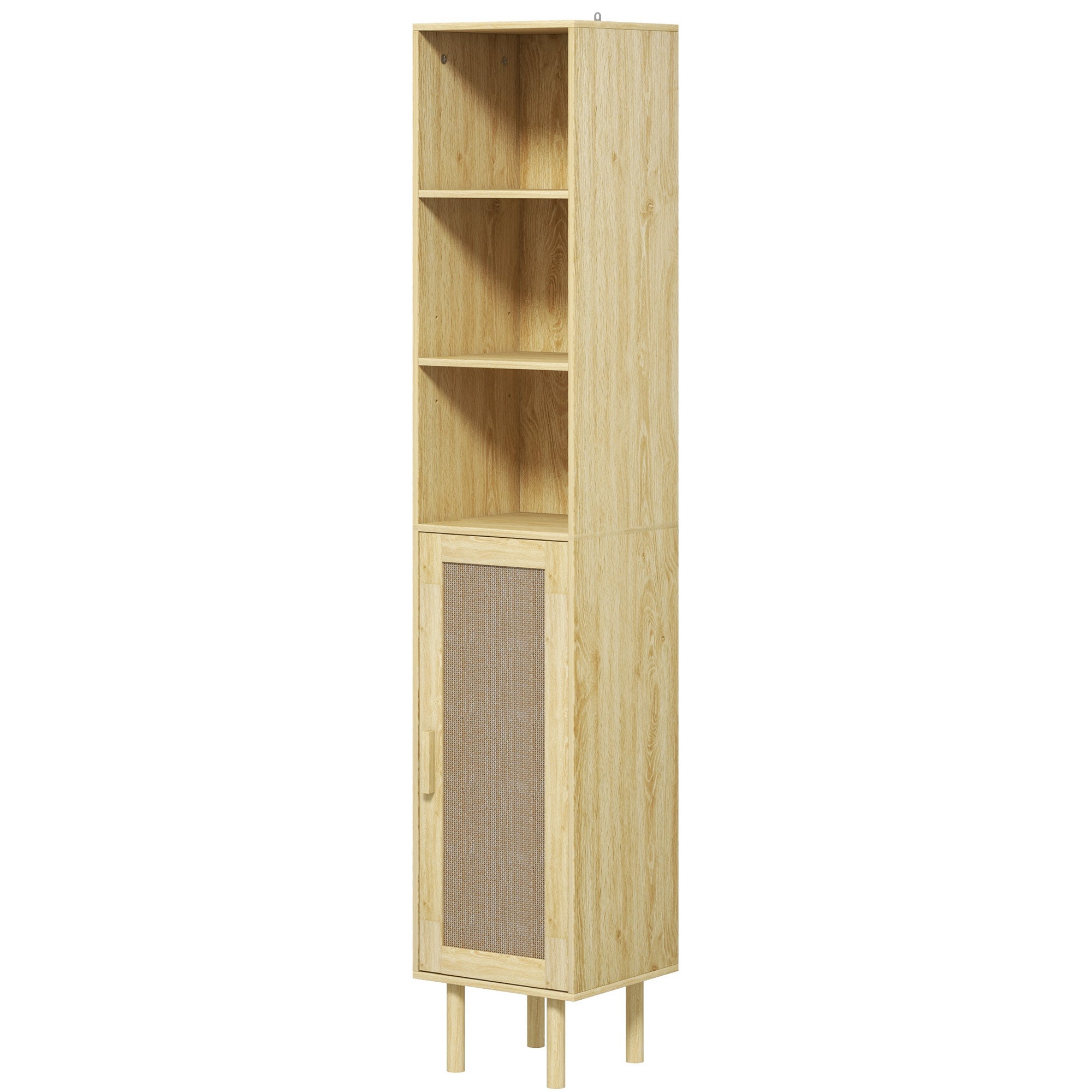 Tall Bathroom Cabinet with Rattan Doors Freestanding Storage Oak