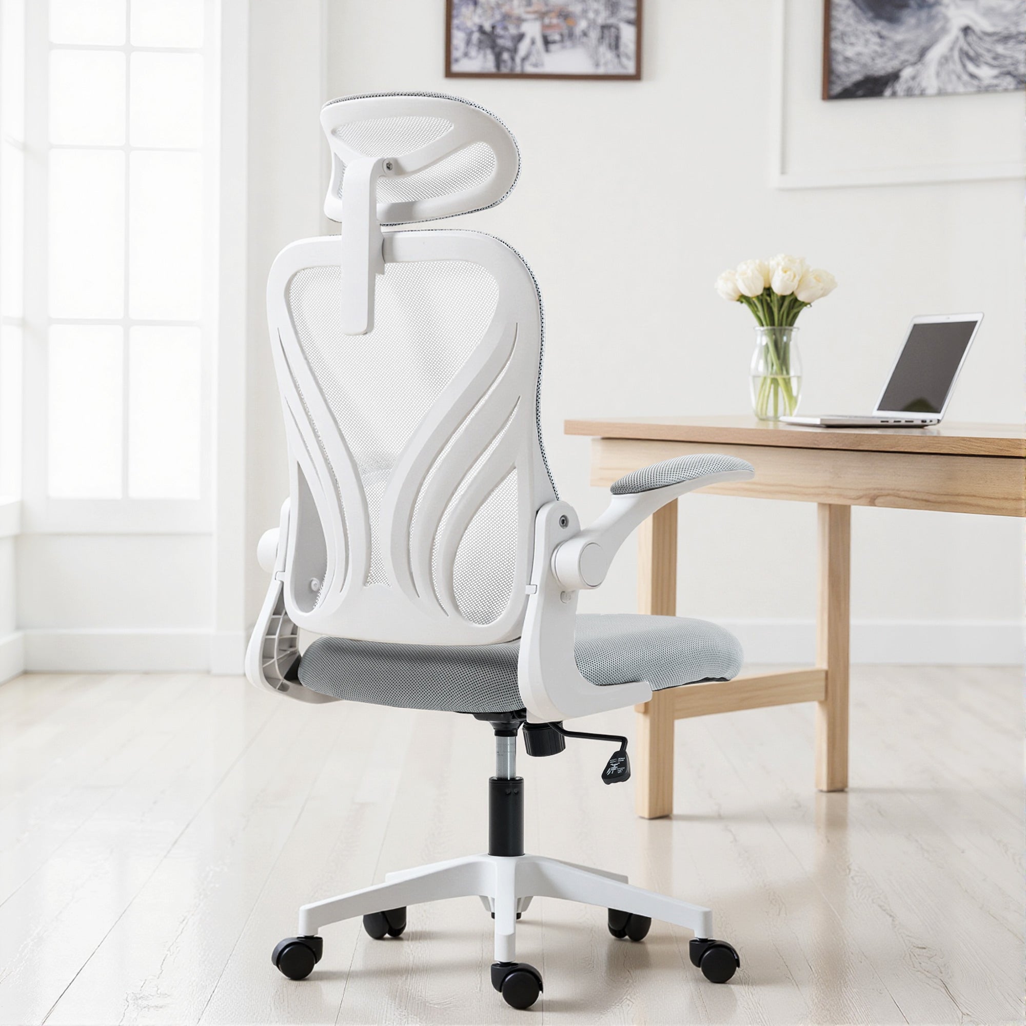 Ergonomic Office Chair, High Back Mesh Desk Chair with Foldable Backrest, 2D Headrest, Flip-up Armrest, Lumbar Support, Tilt Function, Swivel Wheels for Home Office, Light Grey