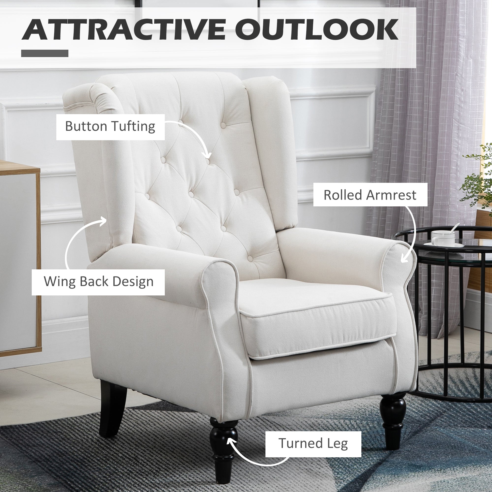 HOMCOM Retro Accent Chair, Wingback Armchair with Wood Frame Button Tufted Design for Living Room Bedroom, Cream White