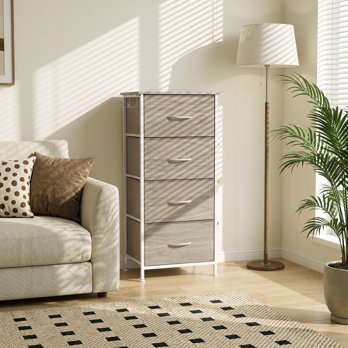 Chest of Drawers, Dresser for Bedroom with 4 Fabric Drawers, Tall Storage Unit with 4 Pockets, 2 Hooks and Steel Frame for Living Room, Hallway, Natural Wood Finish