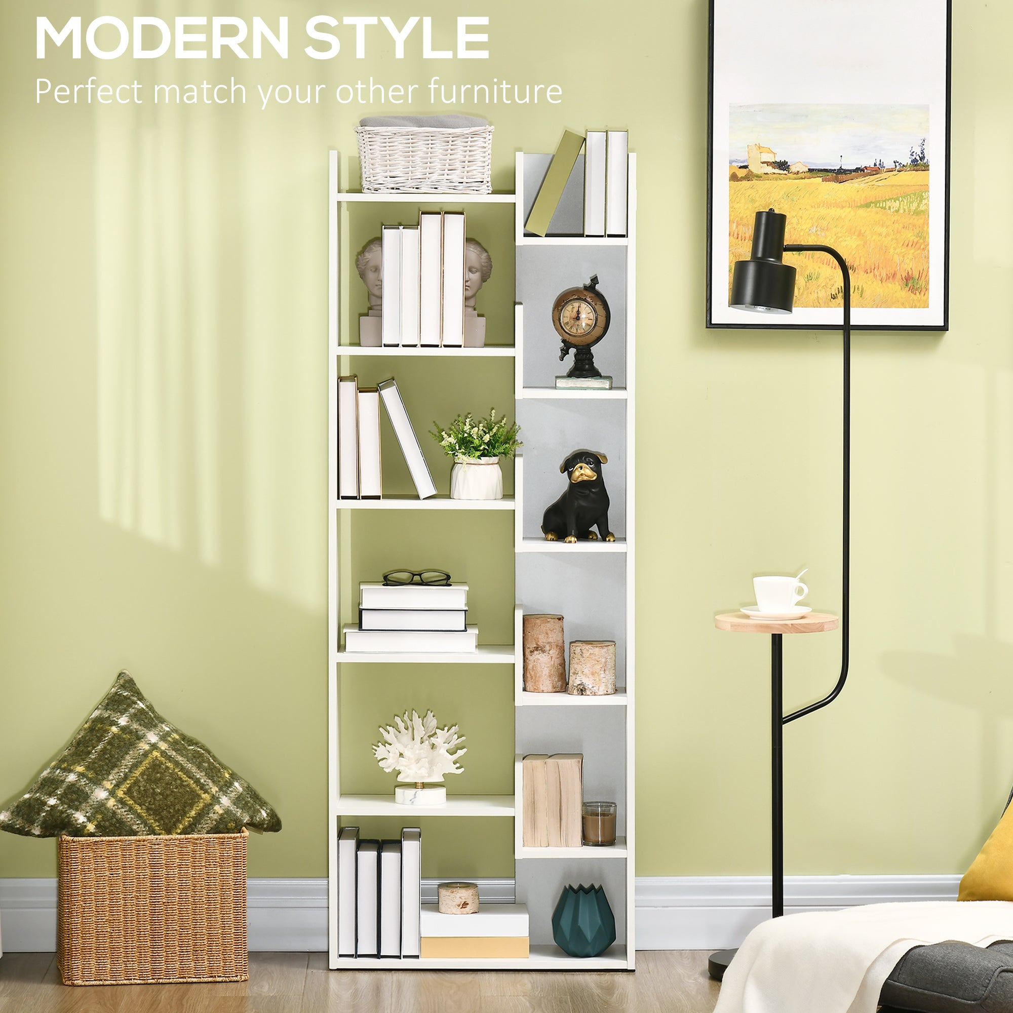 HOMCOM 6-Tier Bookshelf, Modern Bookcase with 11 Open Shelves, Freestanding Decorative Storage Shelving for Home Office and Study, White