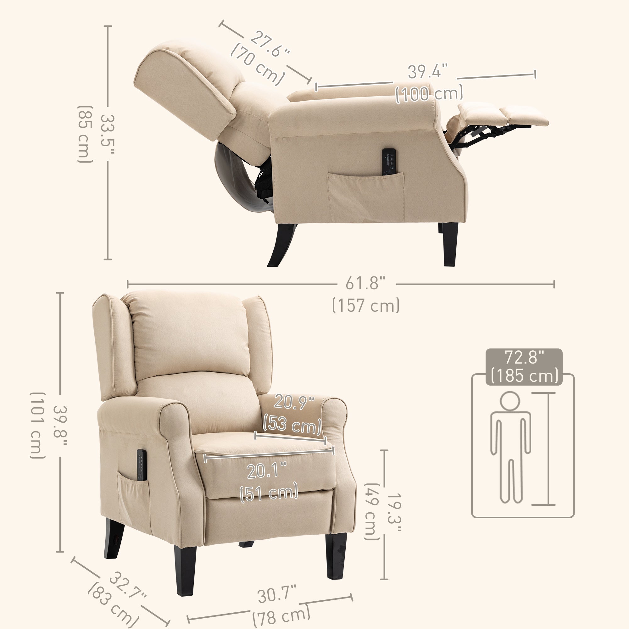 HOMCOM Massage Recliner Chair for Living Room, Push Back Recliner Sofa, Wingback Reclining Chair with Extendable Footrest, Remote Control, Side Pockets, Beige