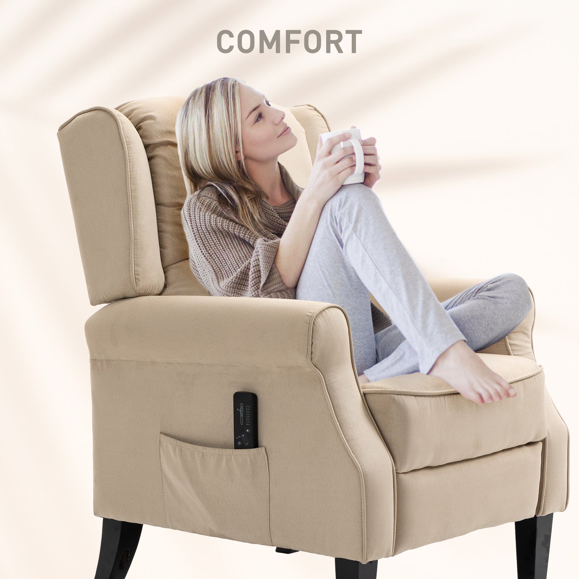 HOMCOM Massage Recliner Chair for Living Room, Push Back Recliner Sofa, Wingback Reclining Chair with Extendable Footrest, Remote Control, Side Pockets, Beige