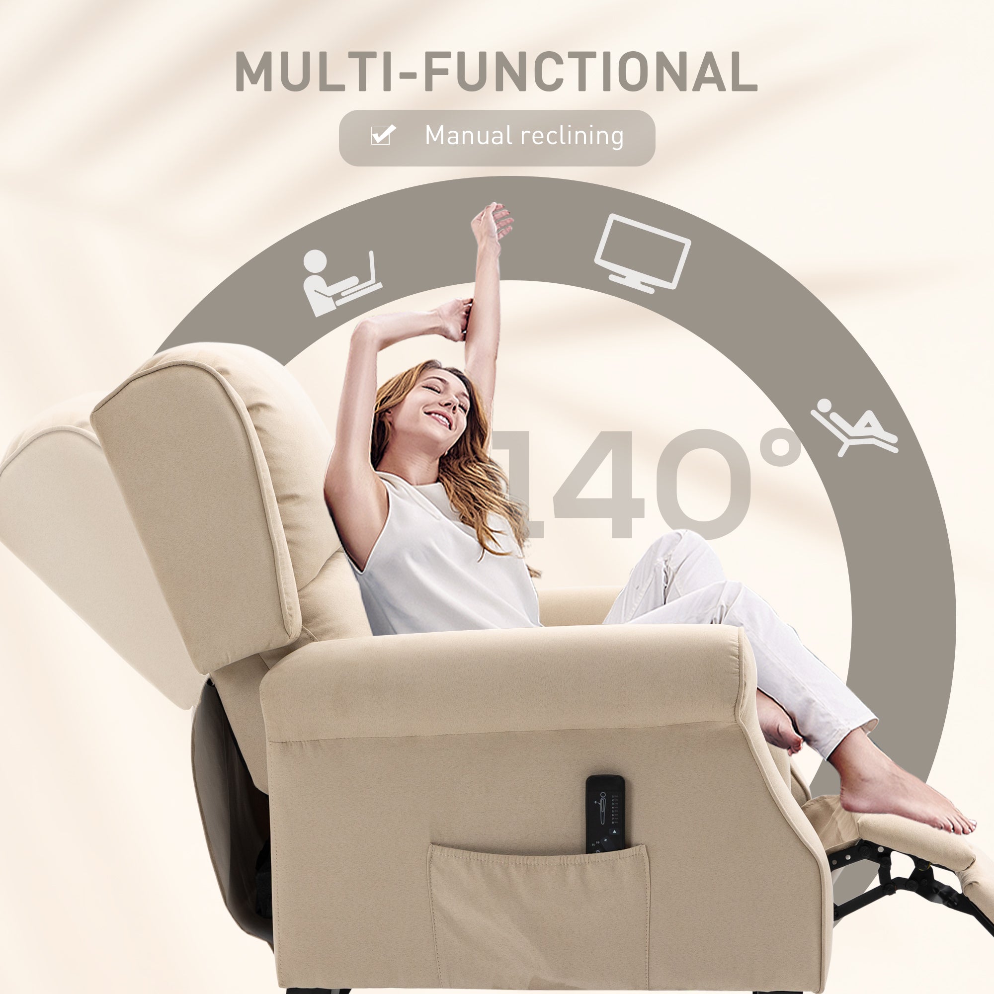 HOMCOM Massage Recliner Chair for Living Room, Push Back Recliner Sofa, Wingback Reclining Chair with Extendable Footrest, Remote Control, Side Pockets, Beige