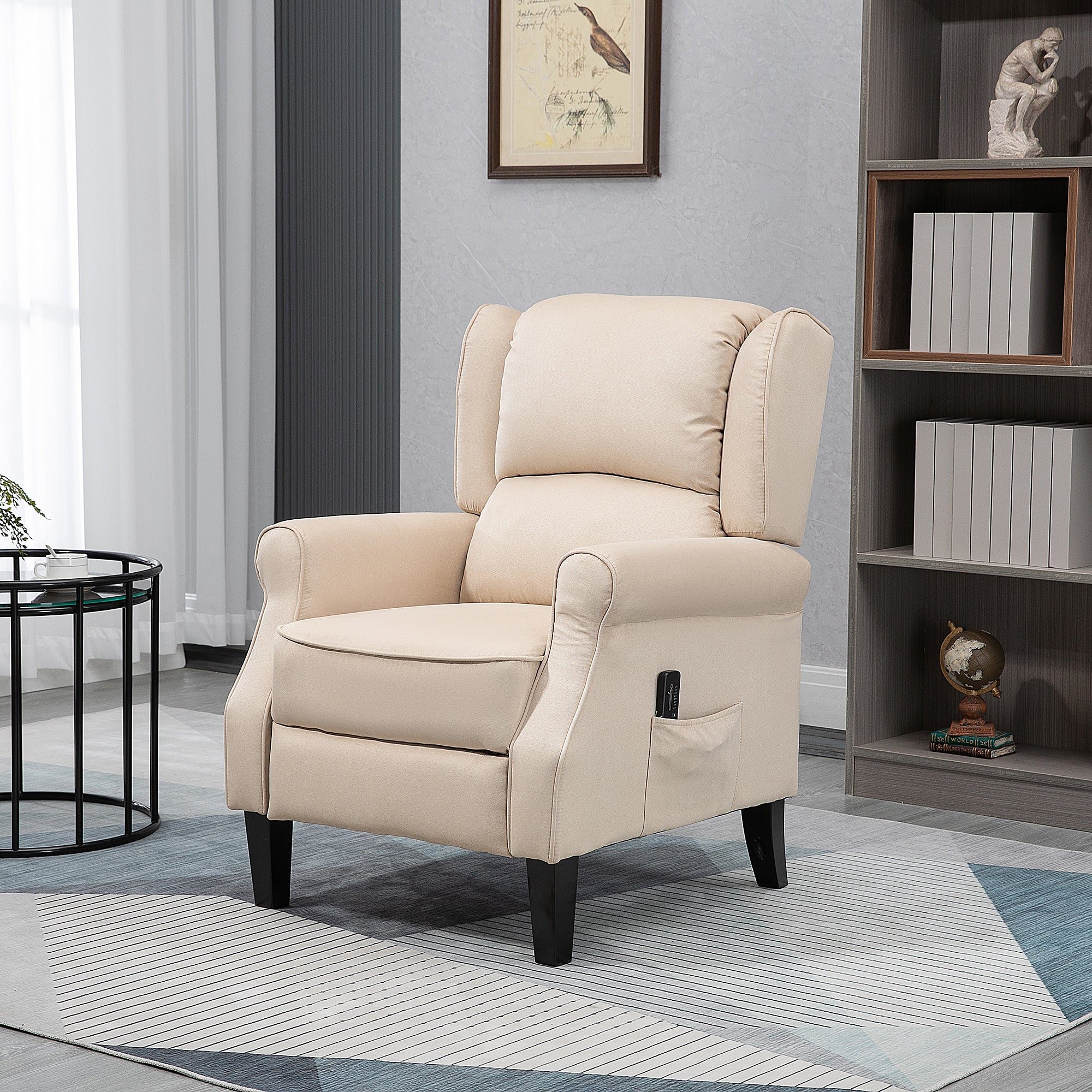 HOMCOM Massage Recliner Chair for Living Room, Push Back Recliner Sofa, Wingback Reclining Chair with Extendable Footrest, Remote Control, Side Pockets, Beige