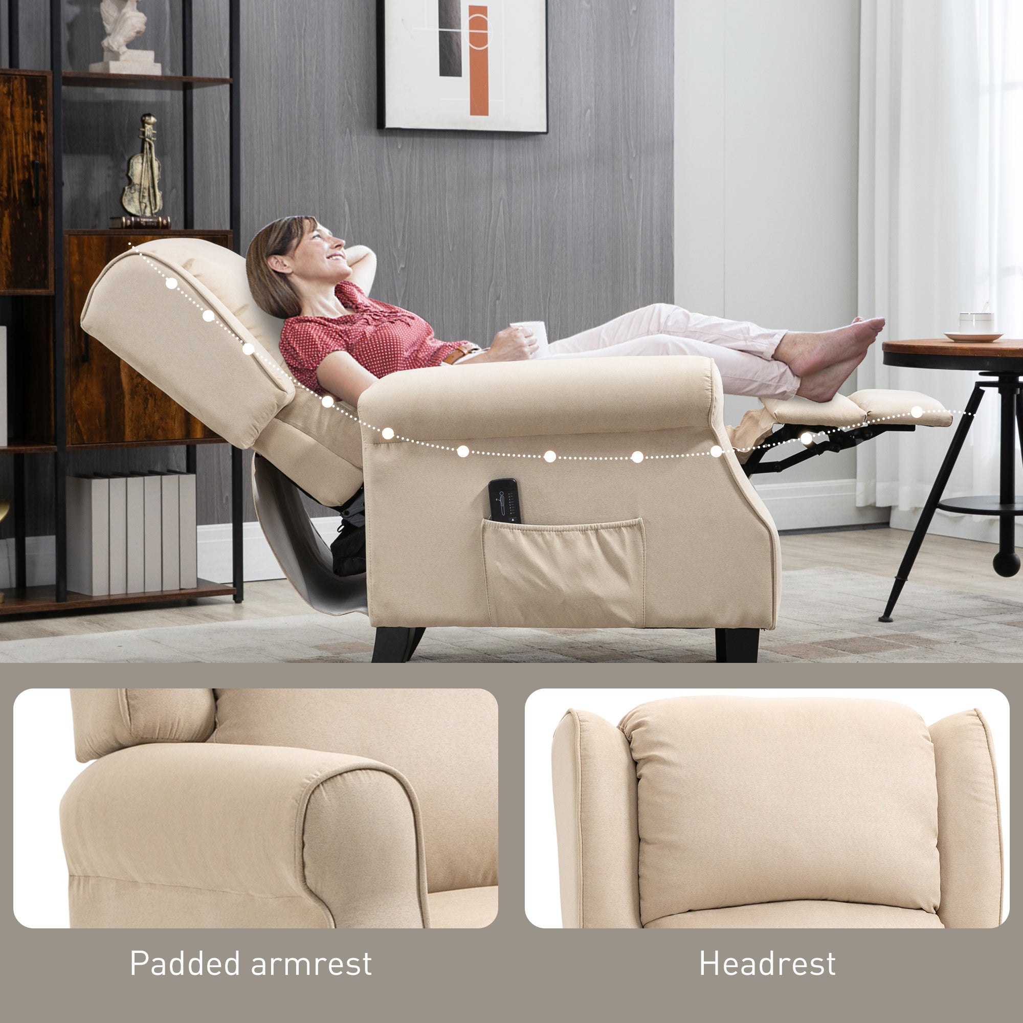 HOMCOM Massage Recliner Chair for Living Room, Push Back Recliner Sofa, Wingback Reclining Chair with Extendable Footrest, Remote Control, Side Pockets, Beige