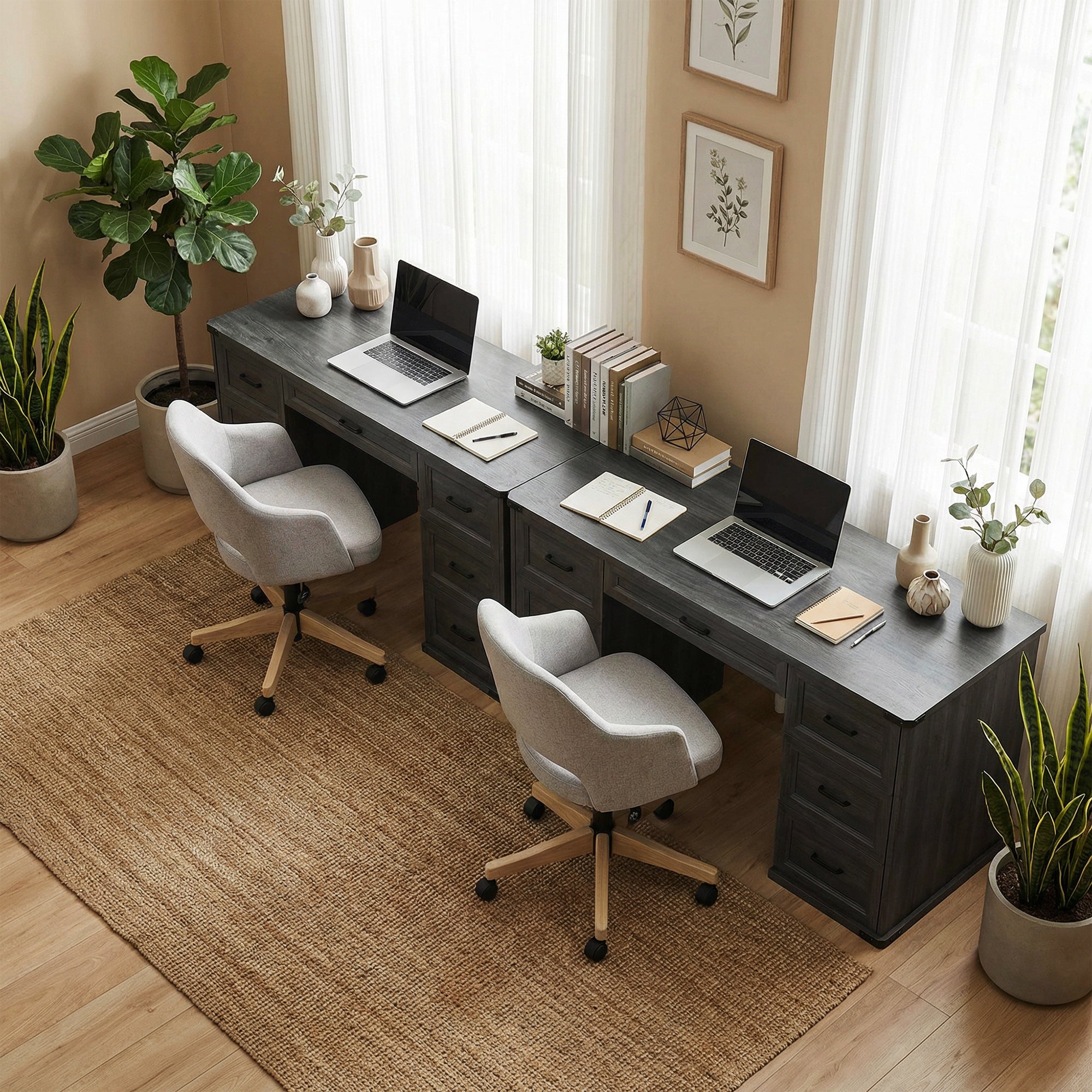 55" Farmhouse Executive Desk, Computer Desk with Drawers, Study Table for Home Office, Bedroom, Black Wood Grain