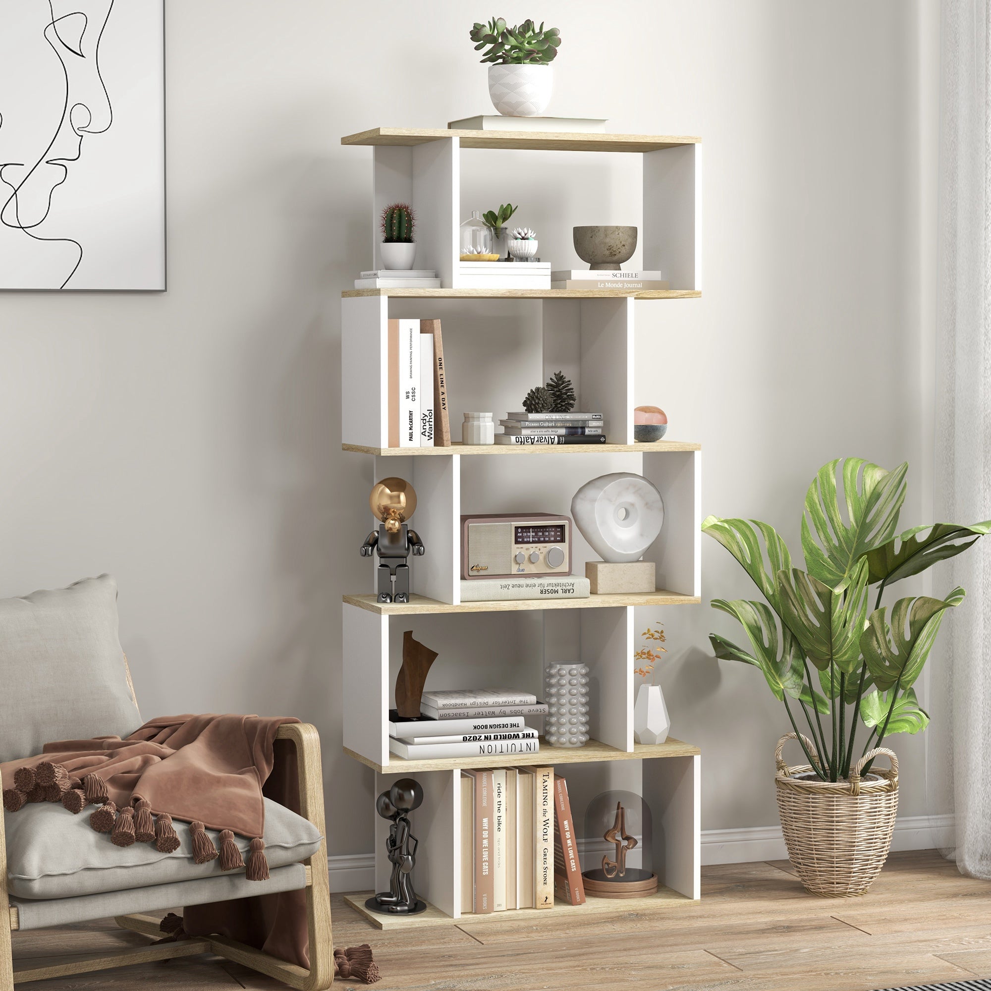 5-Tier Bookshelf, Geometric S Shaped Bookcase, Tall Narrow Display Shelf for for Living Room, Study Room, Home Office, White