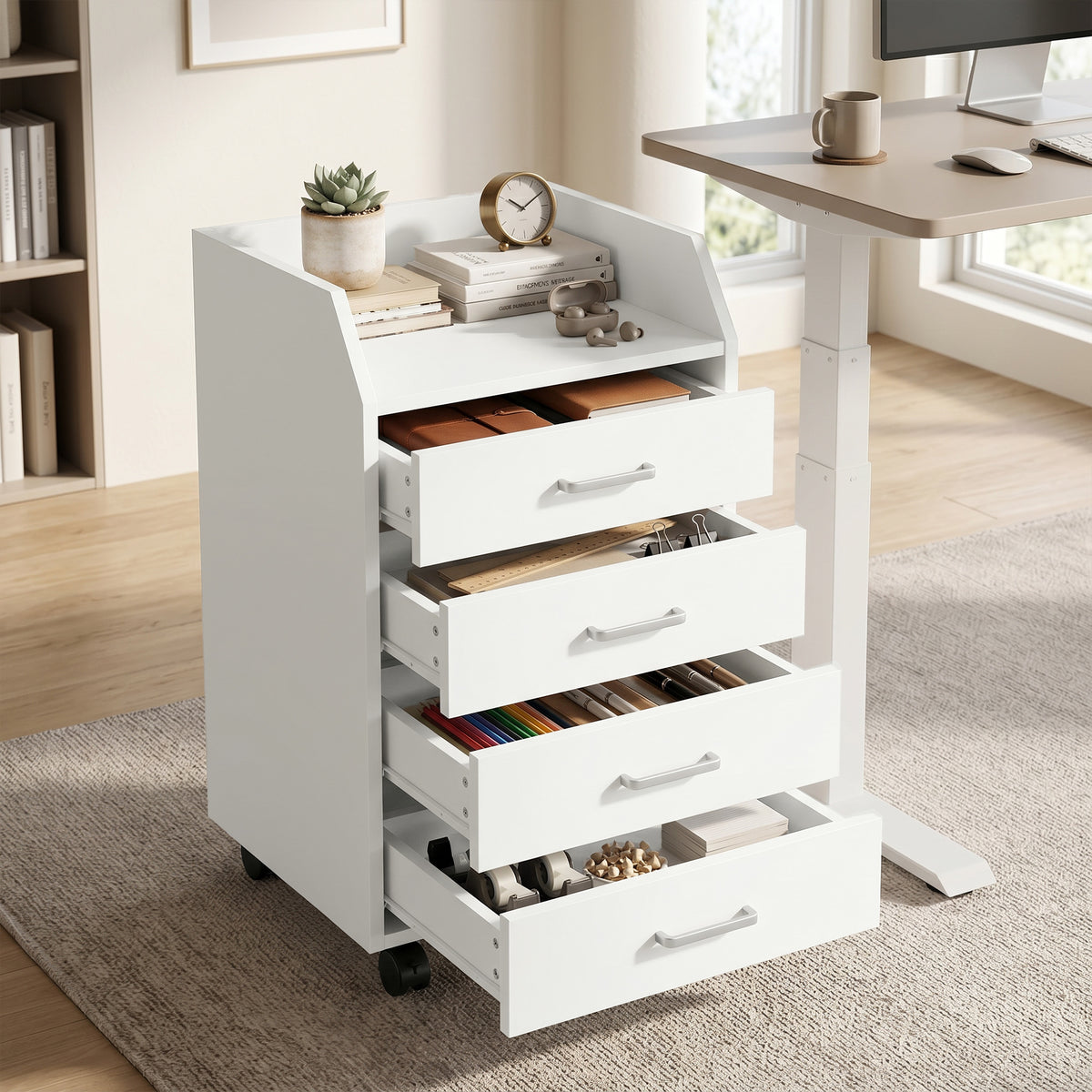 4-Drawer File Cabinet with Lockable Wheels, Vertical Mobile Filing Cabinet, Rolling Printer Stand with Tabletop for Home Office, White