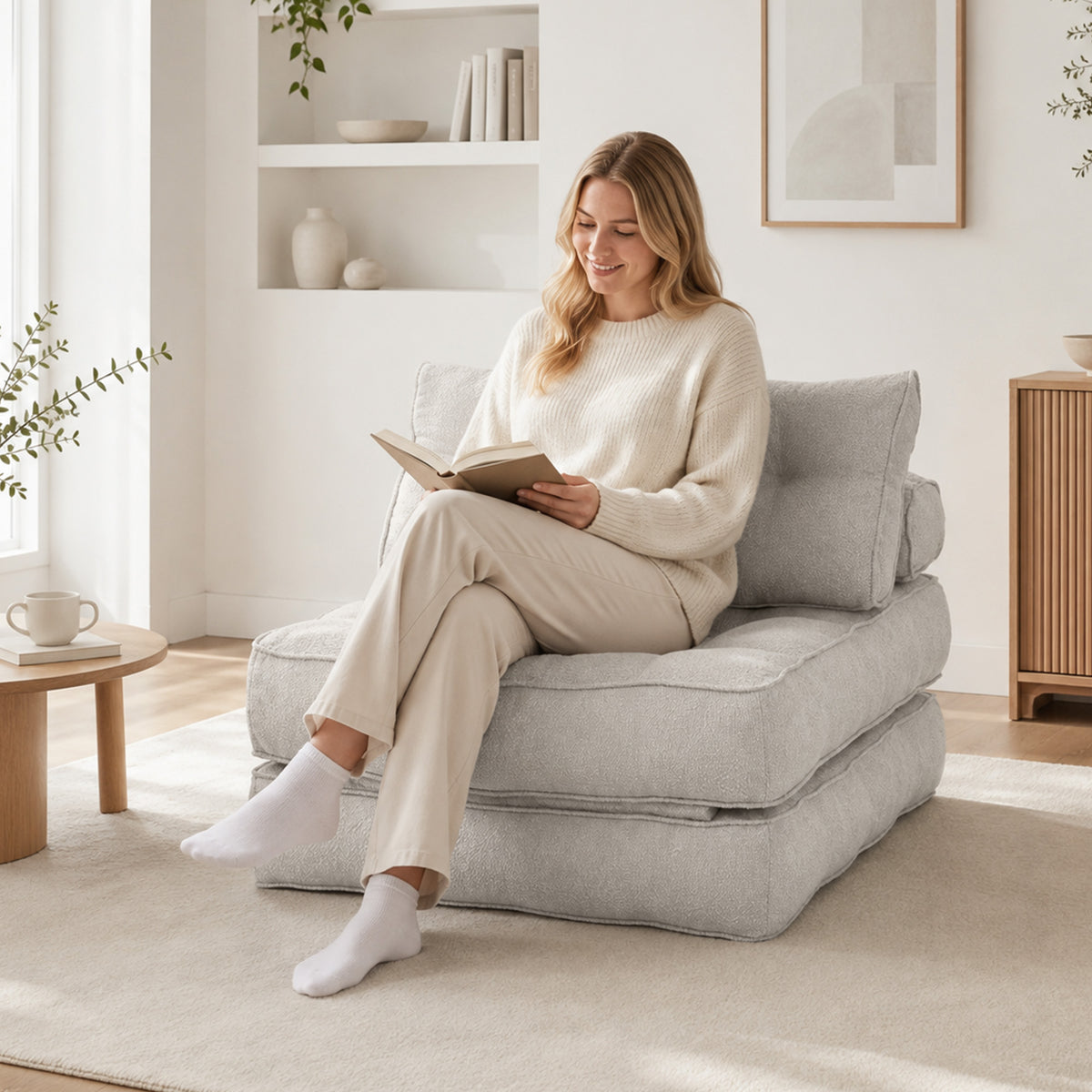 Folding Sofa Bed, Boneless Cloud Linen Sleeper Chair Bed, 3-in-1 Convertible Floor Sofa with Thick Supportive Cushion, Pillows for Living Room, Bedroom, Beige Grey