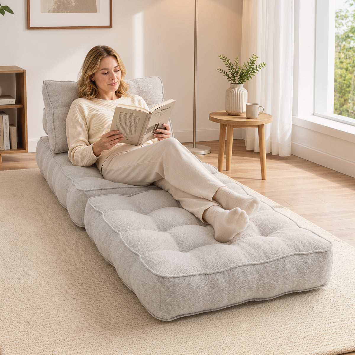 Folding Sofa Bed, Boneless Cloud Linen Sleeper Chair Bed, 3-in-1 Convertible Floor Sofa with Thick Supportive Cushion, Pillows for Living Room, Bedroom, Beige Grey