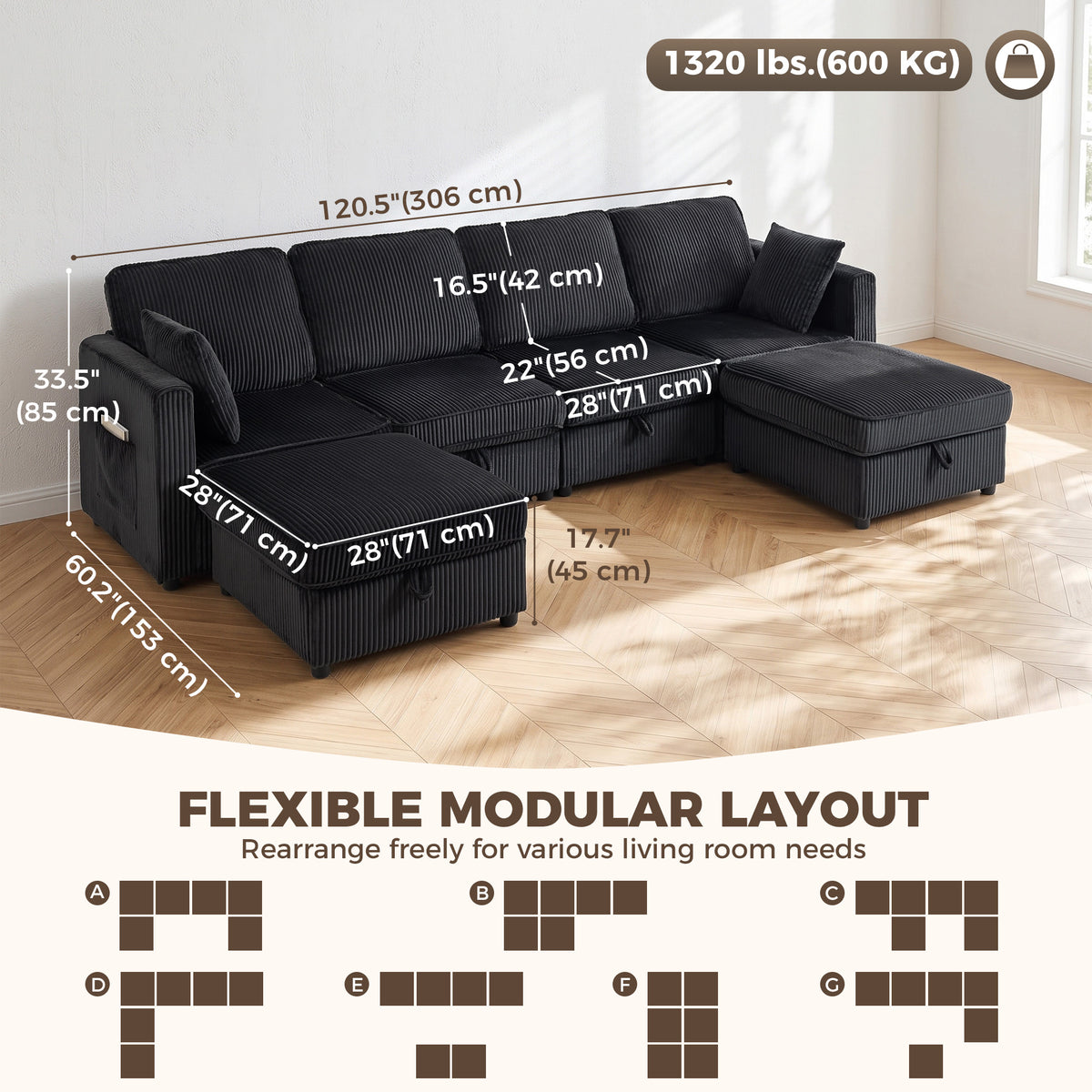 Modular Sectional Sofa with Dual Storage Ottoman, 306 cm 4 Seater U-Shaped Couch, Corduroy Sofa Bed with Under-Seat Storage, 4 Pillows, Pocket Springs, Pockets, Dark Grey