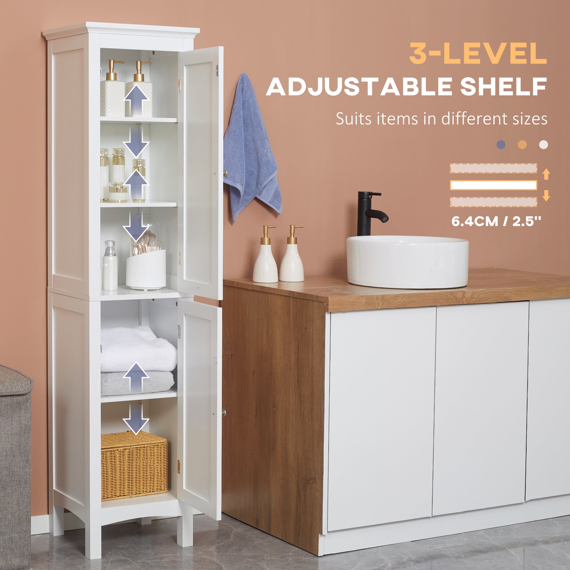 kleankin Bathroom Tall Cabinet, Freestanding Storage Organizer with Adjustable Shelves and 2 Doors, White