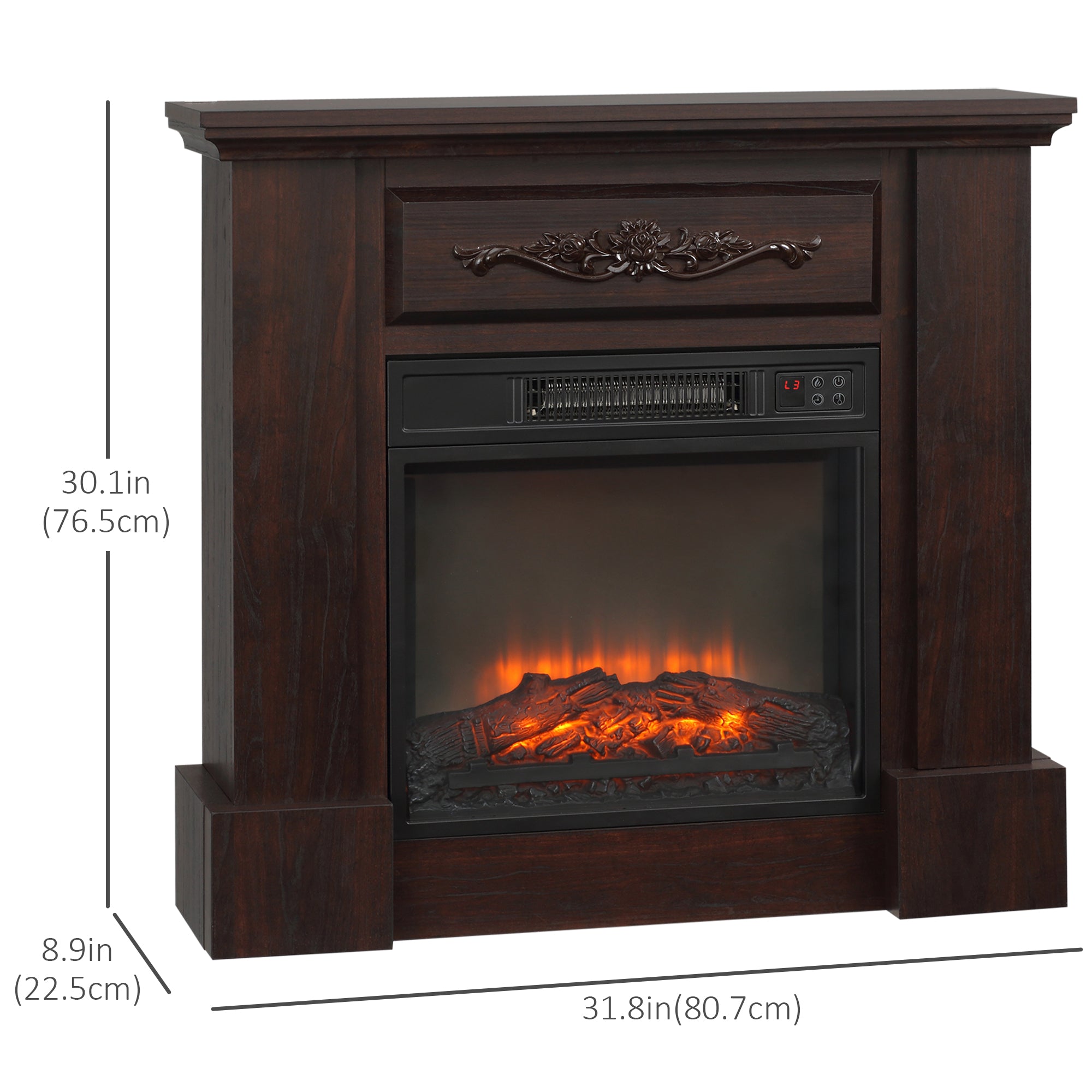 HOMCOM 32" Electric Fireplace Heater with Mantel, Freestanding Fireplace Stove with Log Hearth, Adjustable Realistic Flame and Remote Control, 1400W, Brown