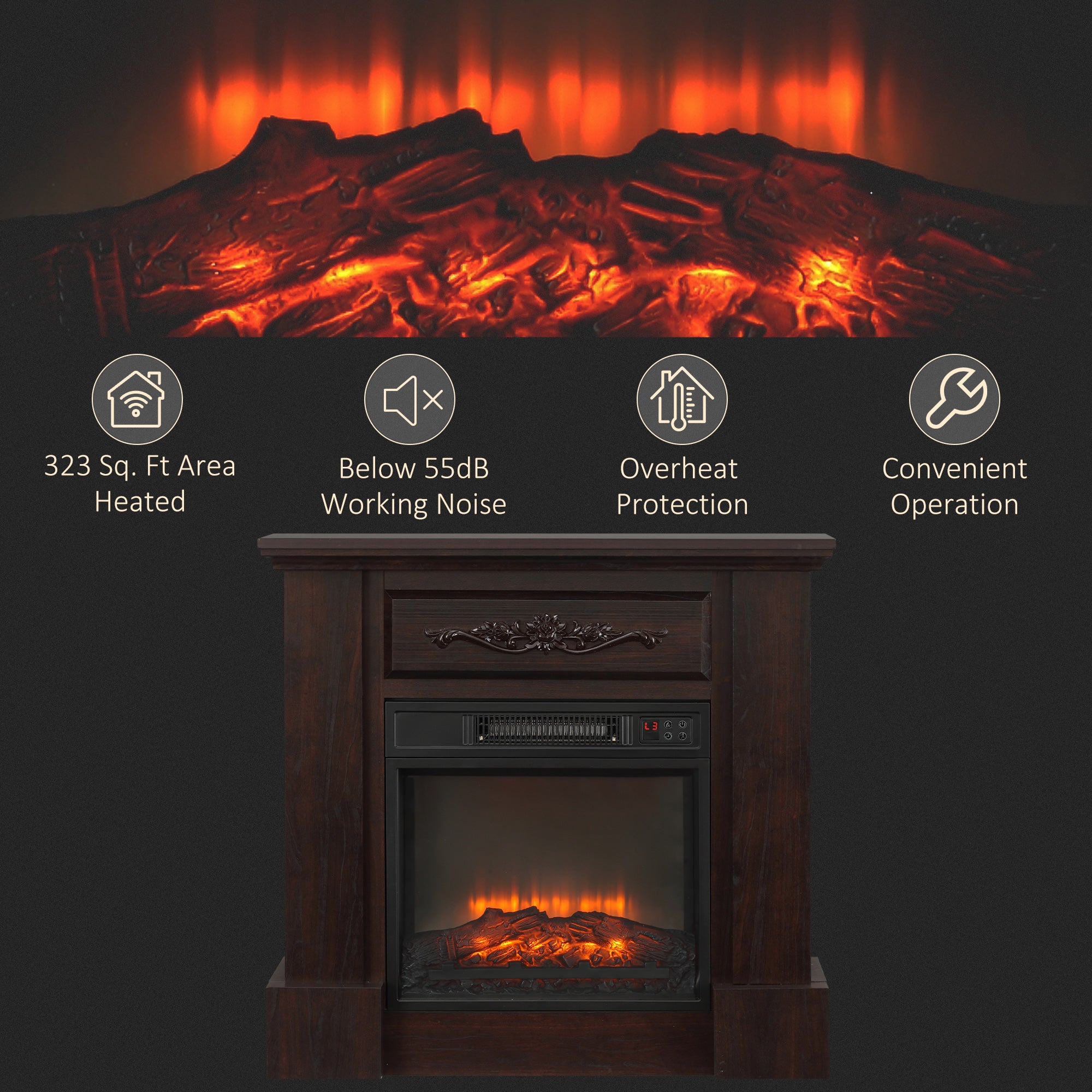 HOMCOM 32" Electric Fireplace Heater with Mantel, Freestanding Fireplace Stove with Log Hearth, Adjustable Realistic Flame and Remote Control, 1400W, Brown