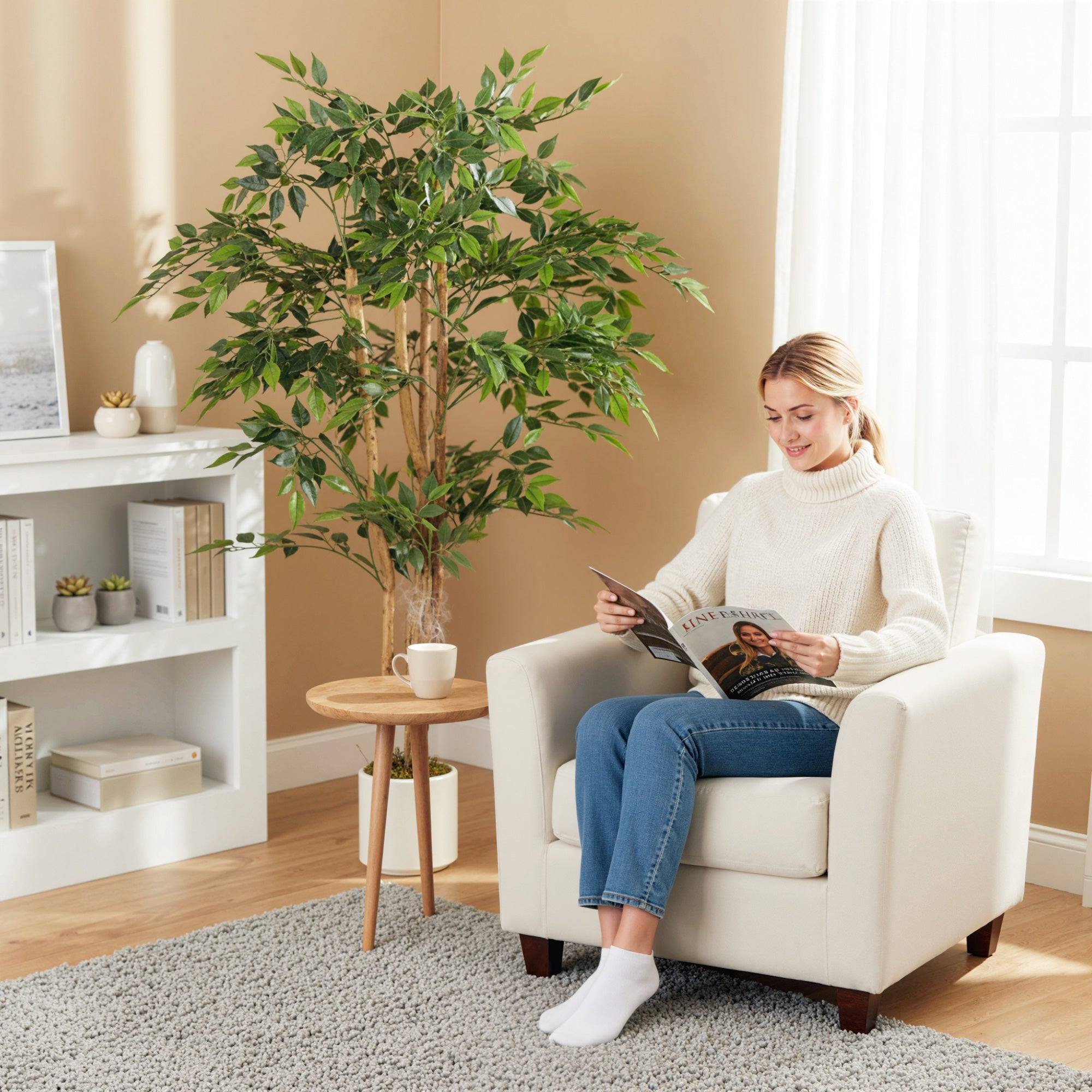 5FT Artificial Ficus Tree Set of 2, Lifelike Fake Plant with Solid Wood Trunk and Pot, Faux Ficus Tree for Indoor Living Room Home Office Decor, Green