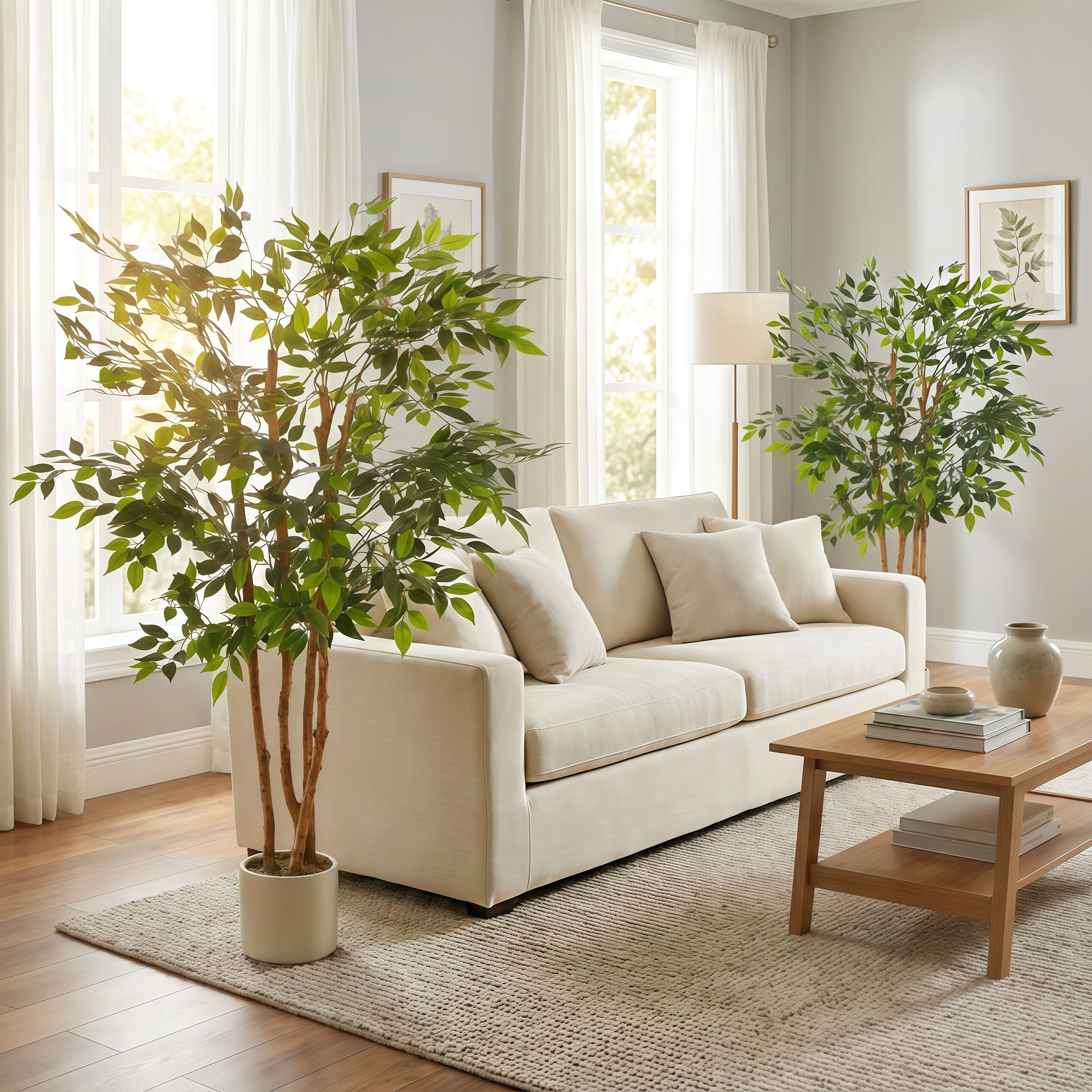 5FT Artificial Ficus Tree Set of 2, Lifelike Fake Plant with Solid Wood Trunk and Pot, Faux Ficus Tree for Indoor Living Room Home Office Decor, Green