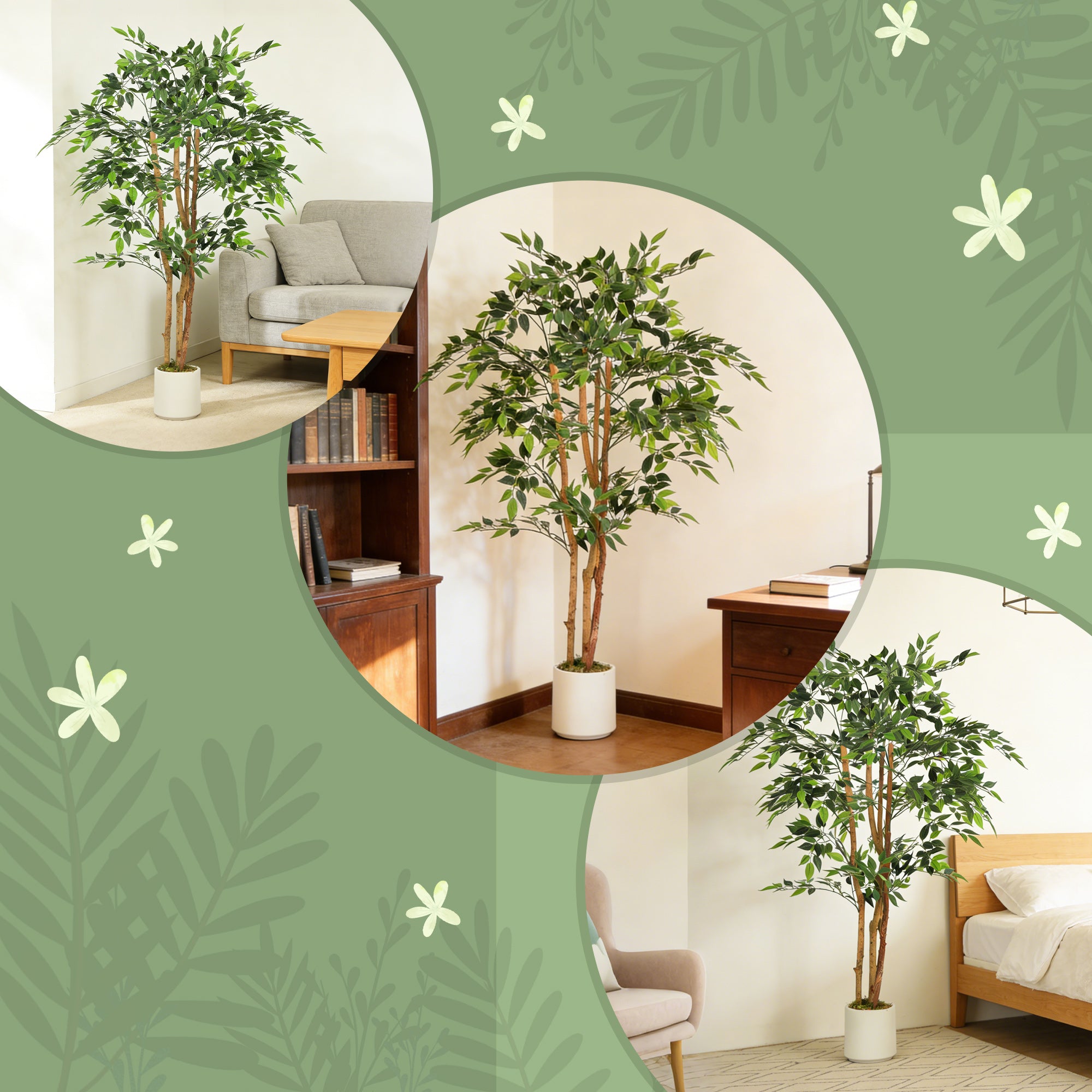 5FT Artificial Ficus Tree Set of 2, Lifelike Fake Plant with Solid Wood Trunk and Pot, Faux Ficus Tree for Indoor Living Room Home Office Decor, Green