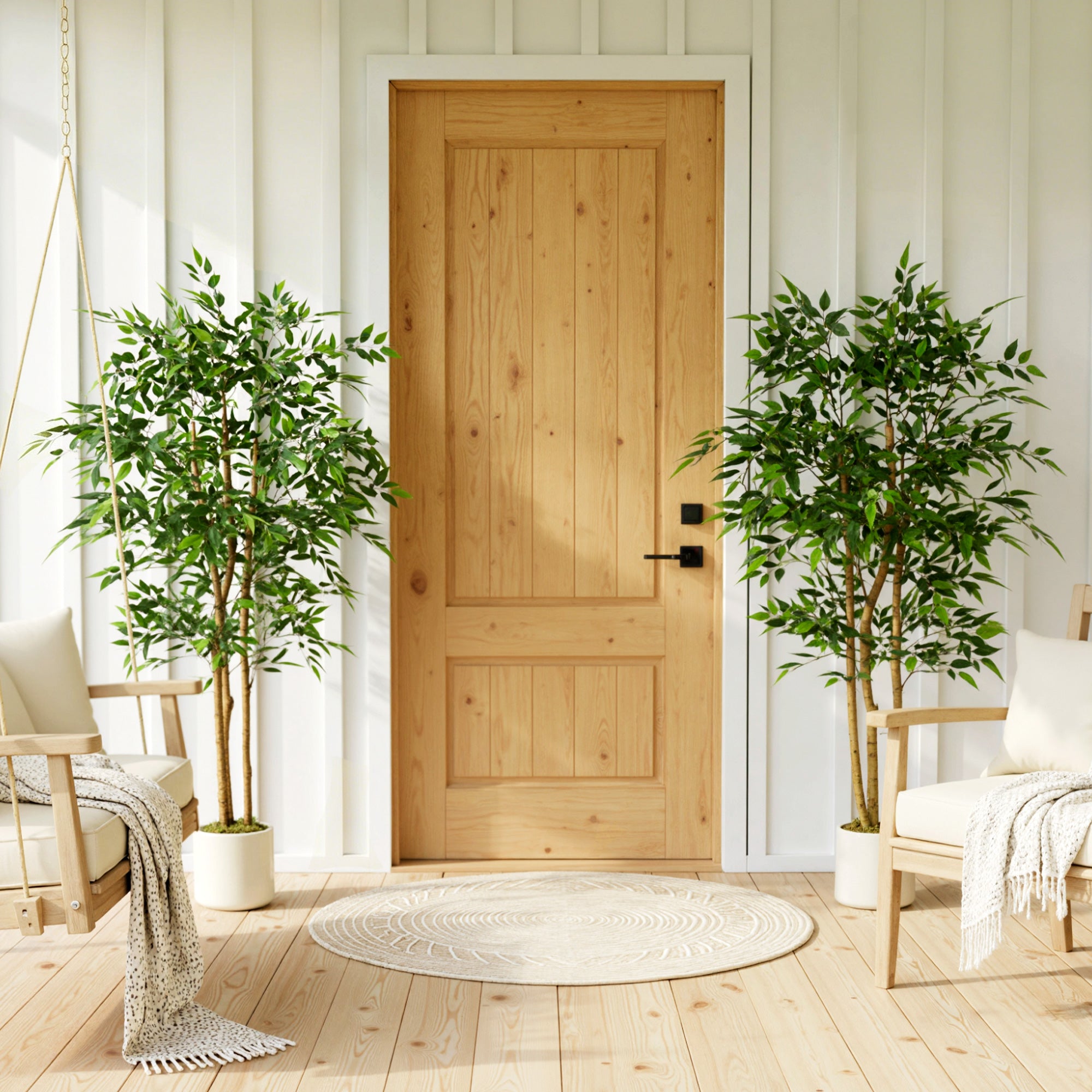 5FT Artificial Ficus Tree Set of 2, Lifelike Fake Plant with Solid Wood Trunk and Pot, Faux Ficus Tree for Indoor Living Room Home Office Decor, Green