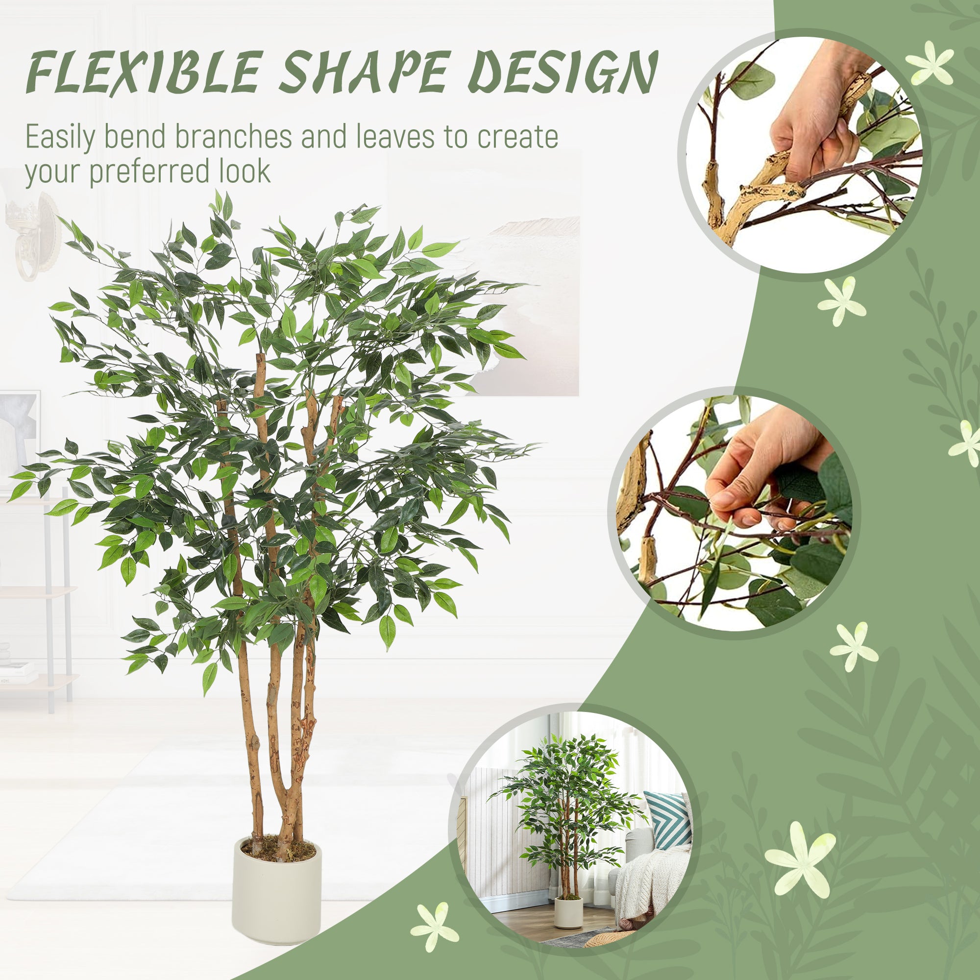 5FT Artificial Ficus Tree Set of 2, Lifelike Fake Plant with Solid Wood Trunk and Pot, Faux Ficus Tree for Indoor Living Room Home Office Decor, Green