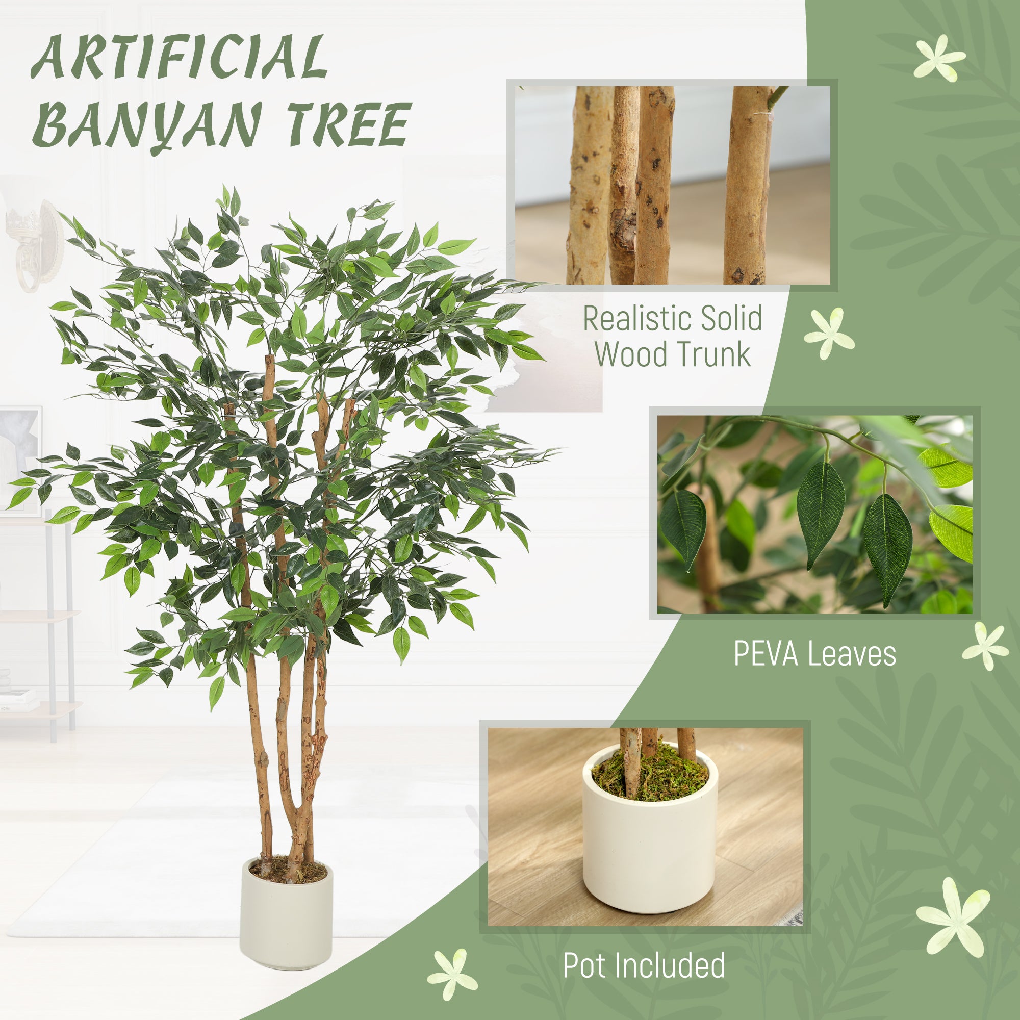 5FT Artificial Ficus Tree Set of 2, Lifelike Fake Plant with Solid Wood Trunk and Pot, Faux Ficus Tree for Indoor Living Room Home Office Decor, Green