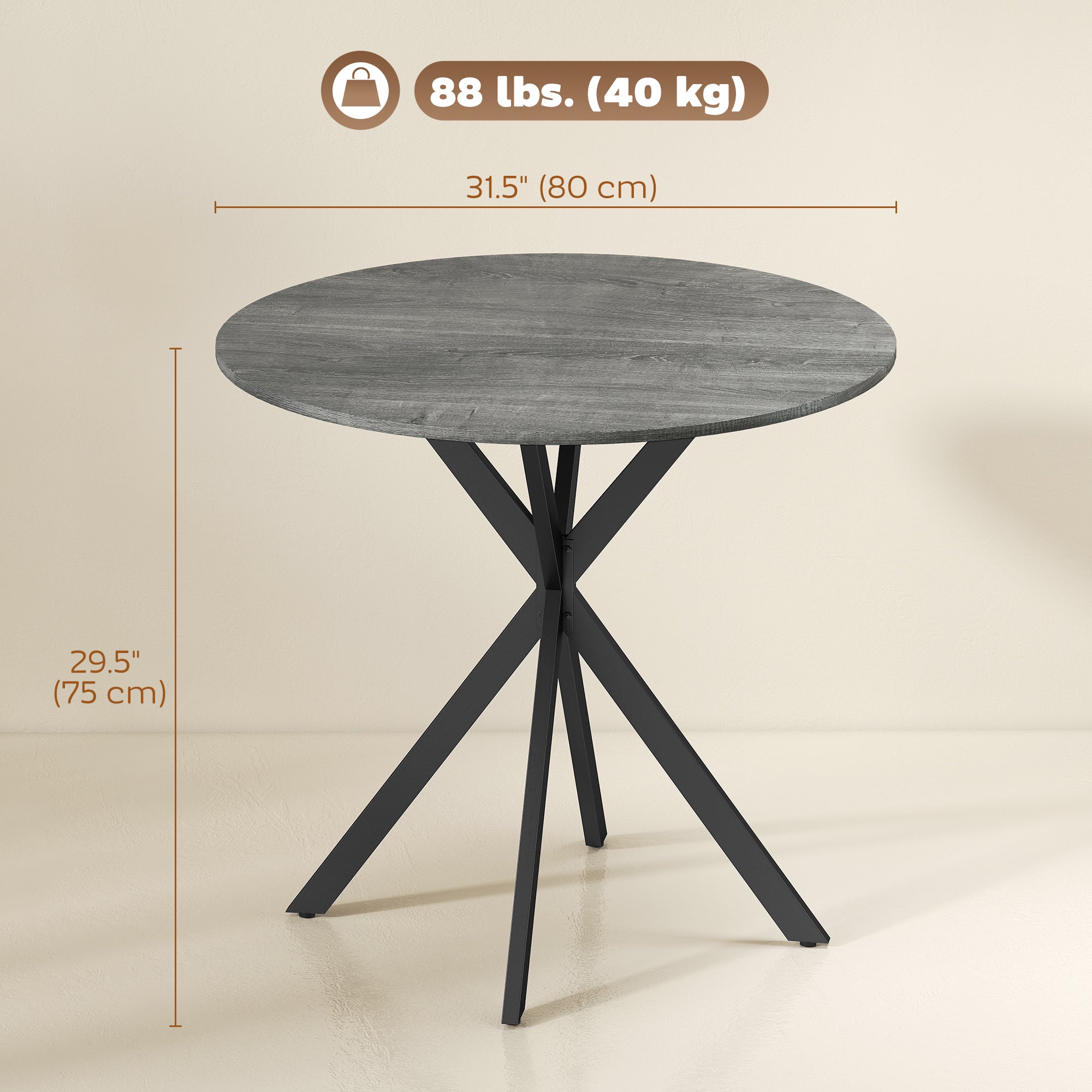 31.5" Round Dining Table, Industrial Kitchen Table with Cross Steel Legs for Dining Room, Kitchen, Living Room, Distressed Grey