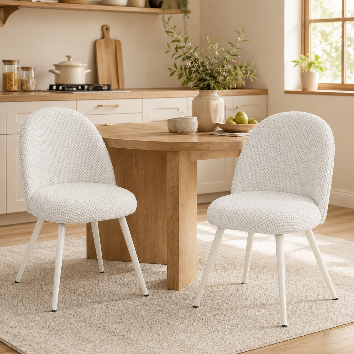 Modern Dining Chairs Set of 2, Velvet Fabric Upholstered Kitchen Chairs with Thick Padded Seat and Backrest, Metal Legs for Dining Room, Kitchen, Home Office, White