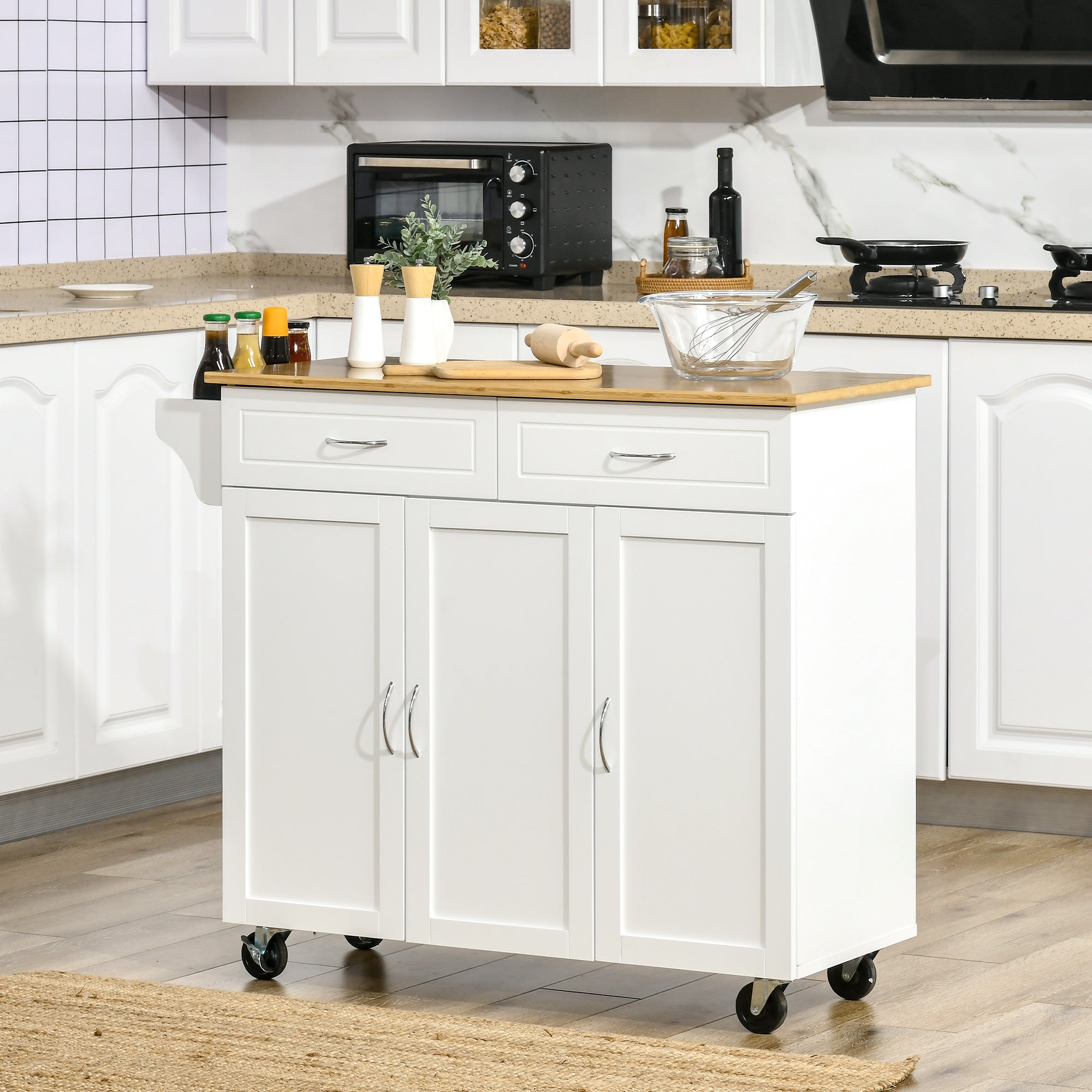 HOMCOM Rolling Kitchen Island on Wheels with Bamboo Countertop, Kitchen Cart with Storage Cabinets, Drawers, Adjustable Shelves and Towel Rack for Dining Room, White