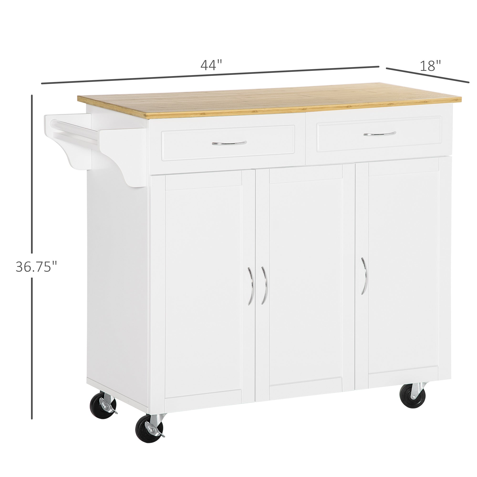 HOMCOM Rolling Kitchen Island on Wheels with Bamboo Countertop, Kitchen Cart with Storage Cabinets, Drawers, Adjustable Shelves and Towel Rack for Dining Room, White