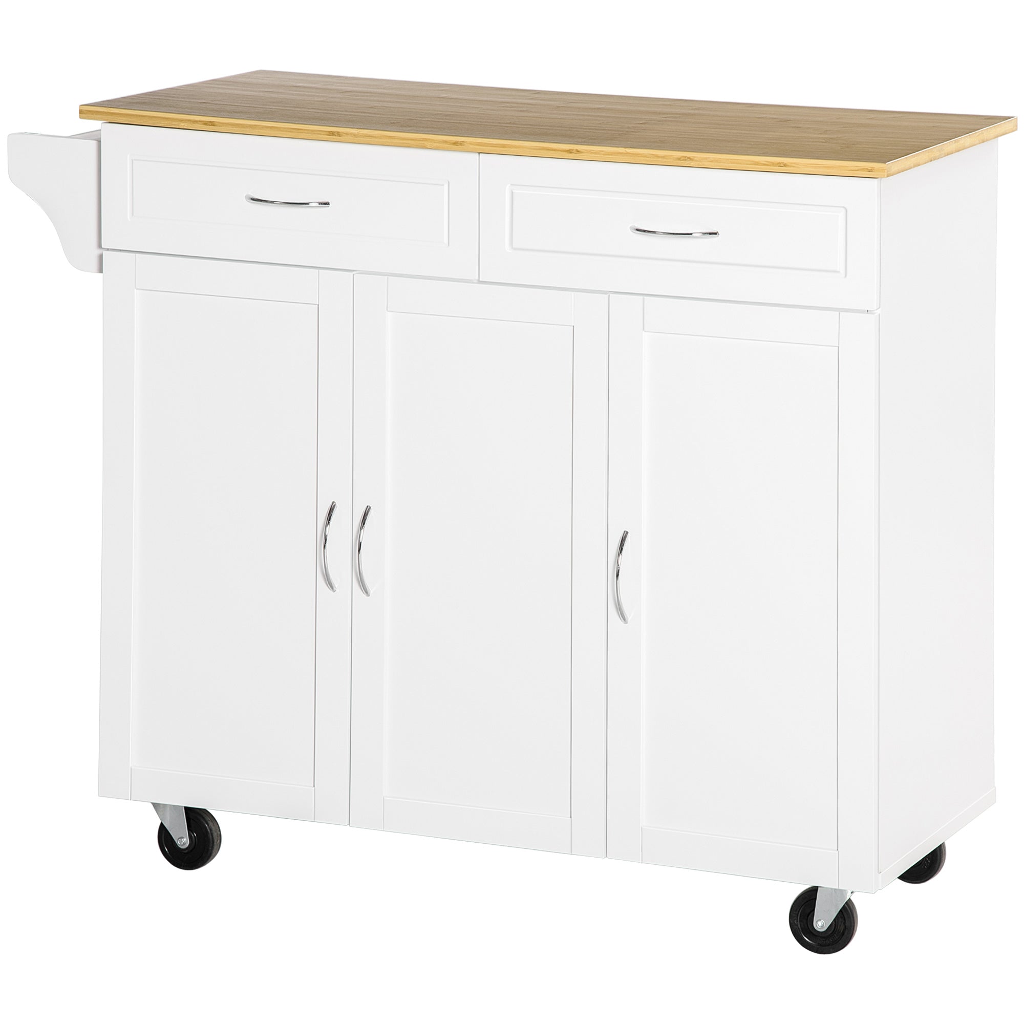 HOMCOM Rolling Kitchen Island on Wheels with Bamboo Countertop, Kitchen Cart with Storage Cabinets, Drawers, Adjustable Shelves and Towel Rack for Dining Room, White