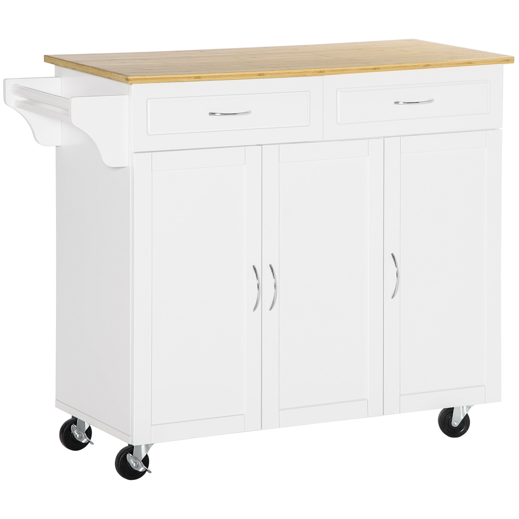 HOMCOM Rolling Kitchen Island on Wheels with Bamboo Countertop, Kitchen Cart with Storage Cabinets, Drawers, Adjustable Shelves and Towel Rack for Dining Room, White