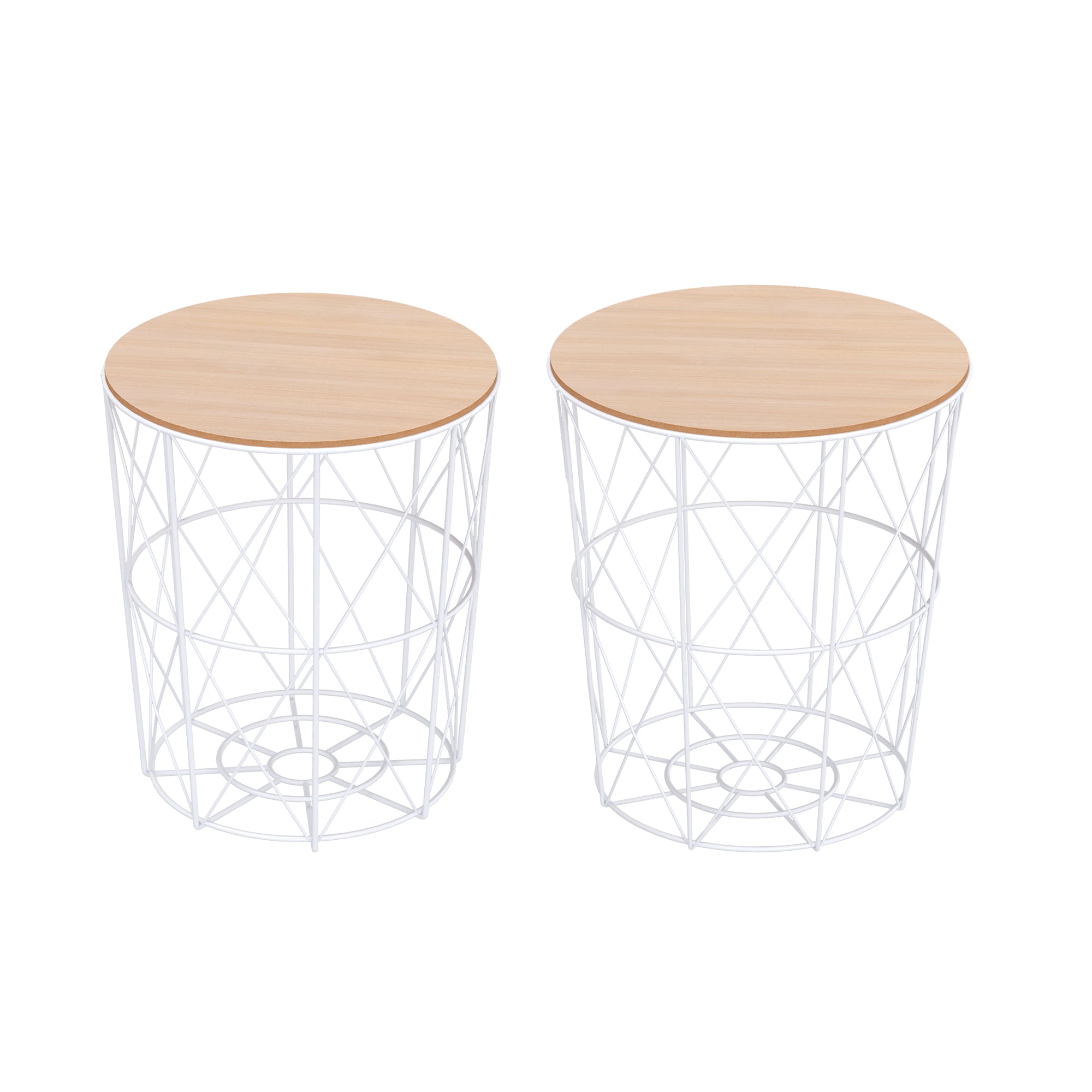 HOMCOM Nesting Coffee Tables Set of 2 with Metal Wire, Storage Basket, Round Side Table End Table for Living Room, Bedroom, White and Natural