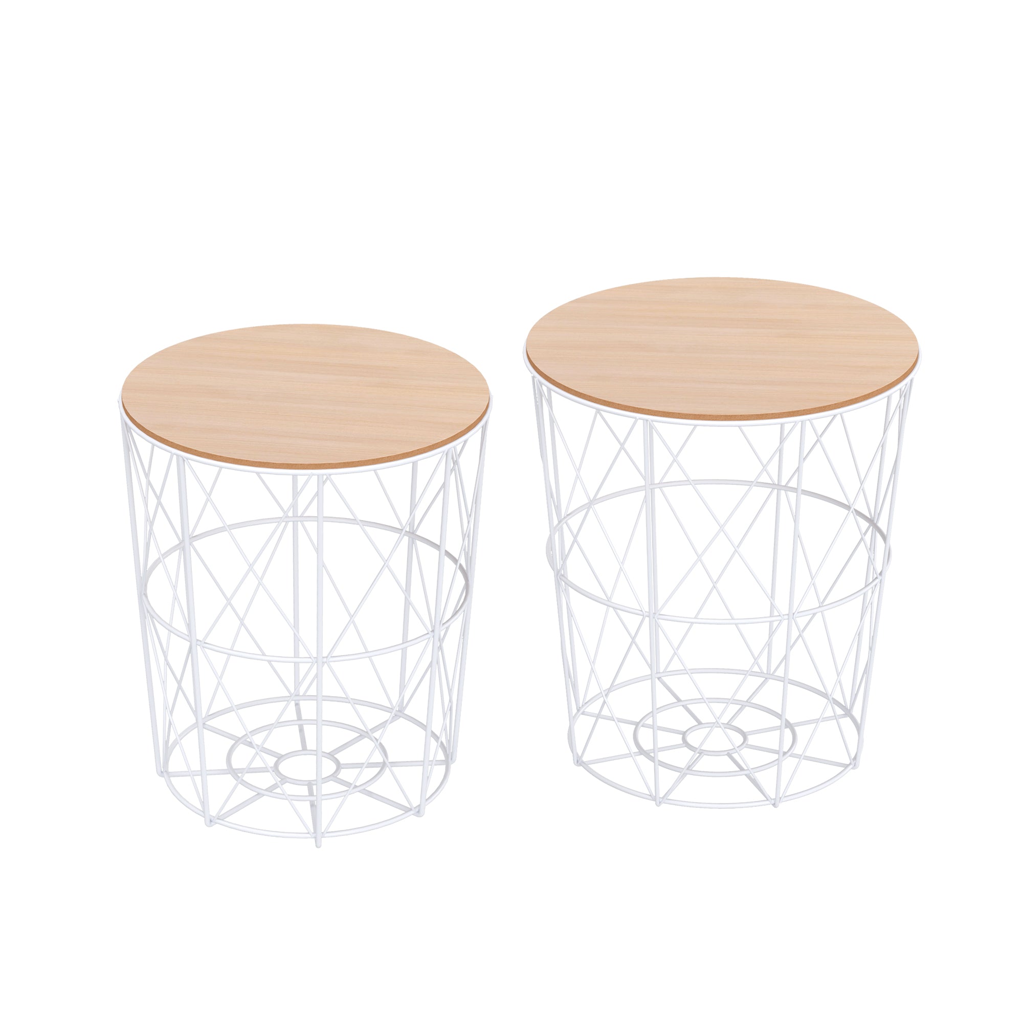 HOMCOM Nesting Coffee Tables Set of 2 with Metal Wire, Storage Basket, Round Side Table End Table for Living Room, Bedroom, White and Natural