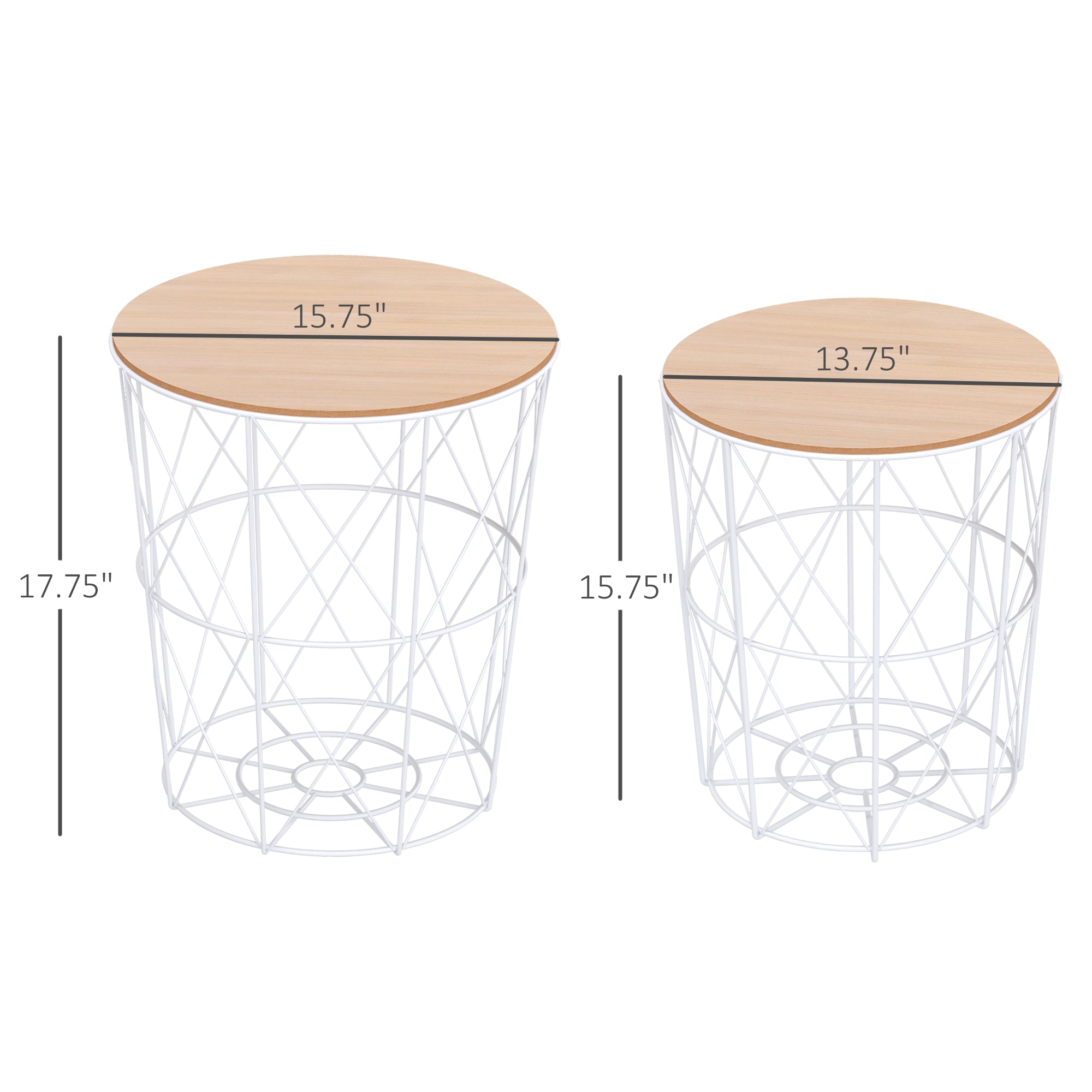 HOMCOM Nesting Coffee Tables Set of 2 with Metal Wire, Storage Basket, Round Side Table End Table for Living Room, Bedroom, White and Natural