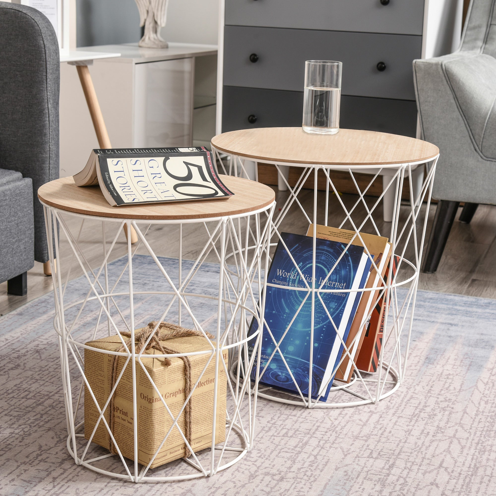 HOMCOM Nesting Coffee Tables Set of 2 with Metal Wire, Storage Basket, Round Side Table End Table for Living Room, Bedroom, White and Natural