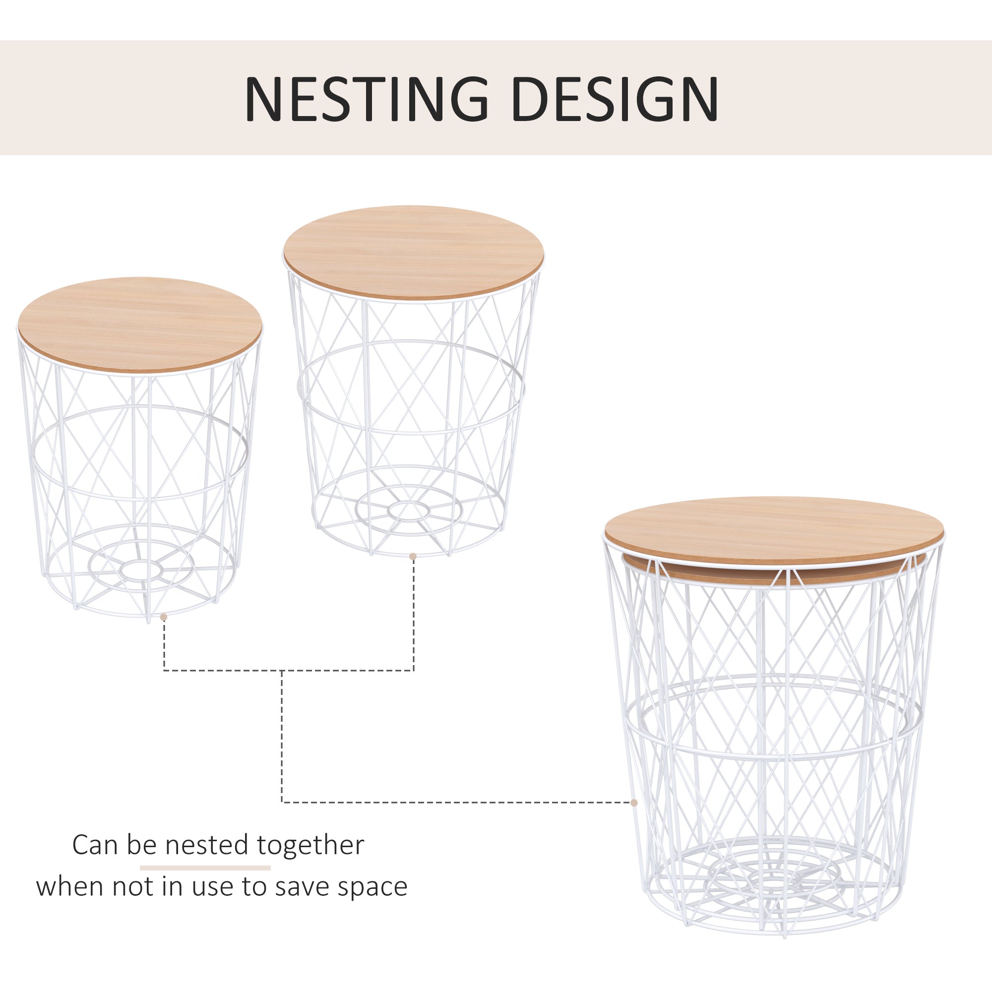 HOMCOM Nesting Coffee Tables Set of 2 with Metal Wire, Storage Basket, Round Side Table End Table for Living Room, Bedroom, White and Natural