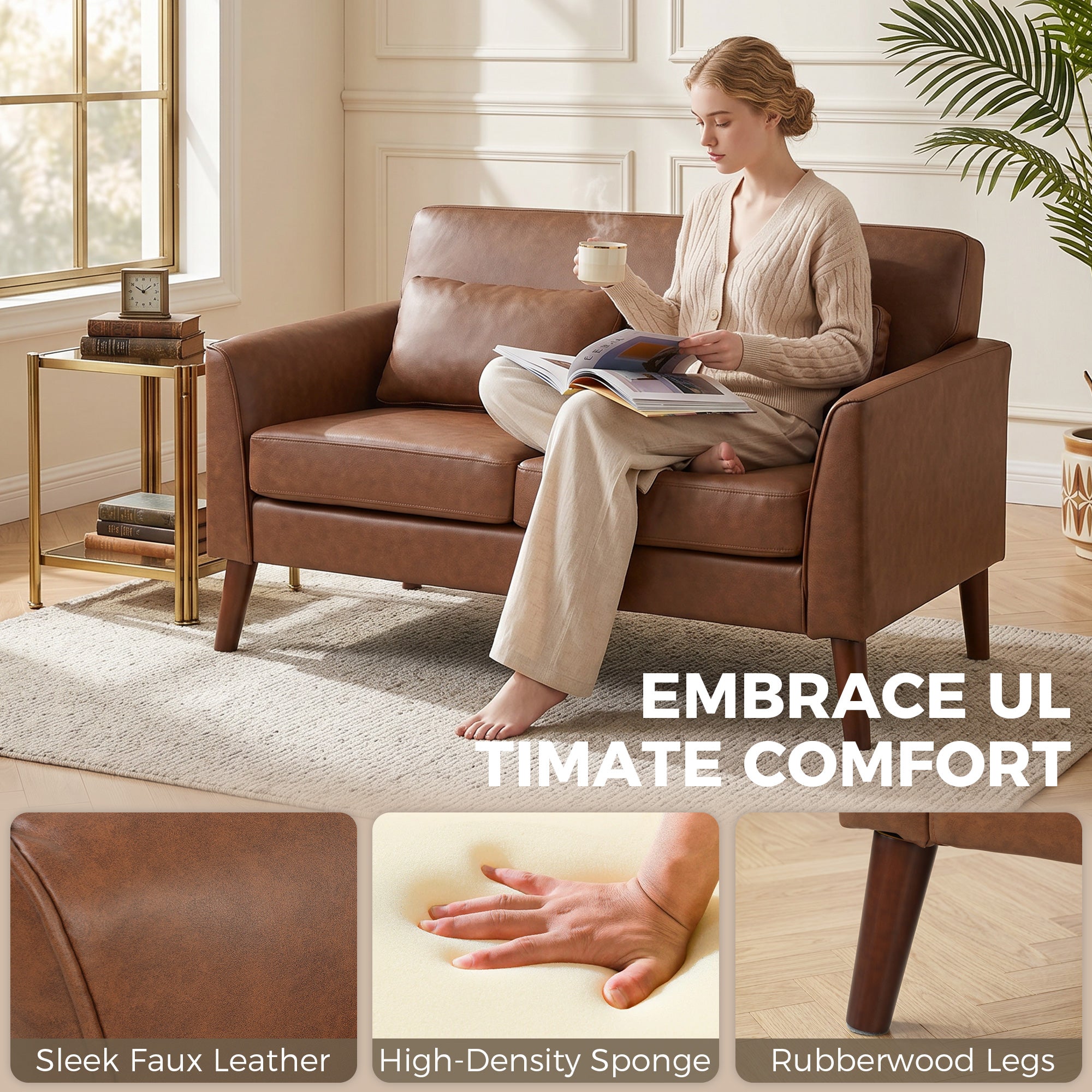2 Seater Sofa, 132 cm Modern Small Sofa, PU Leather Upholstered Loveseat with Solid Wood Legs and 2 Pillows, Couch Settee for Small Space, Living Room, Bedroom, Home Office, Brown