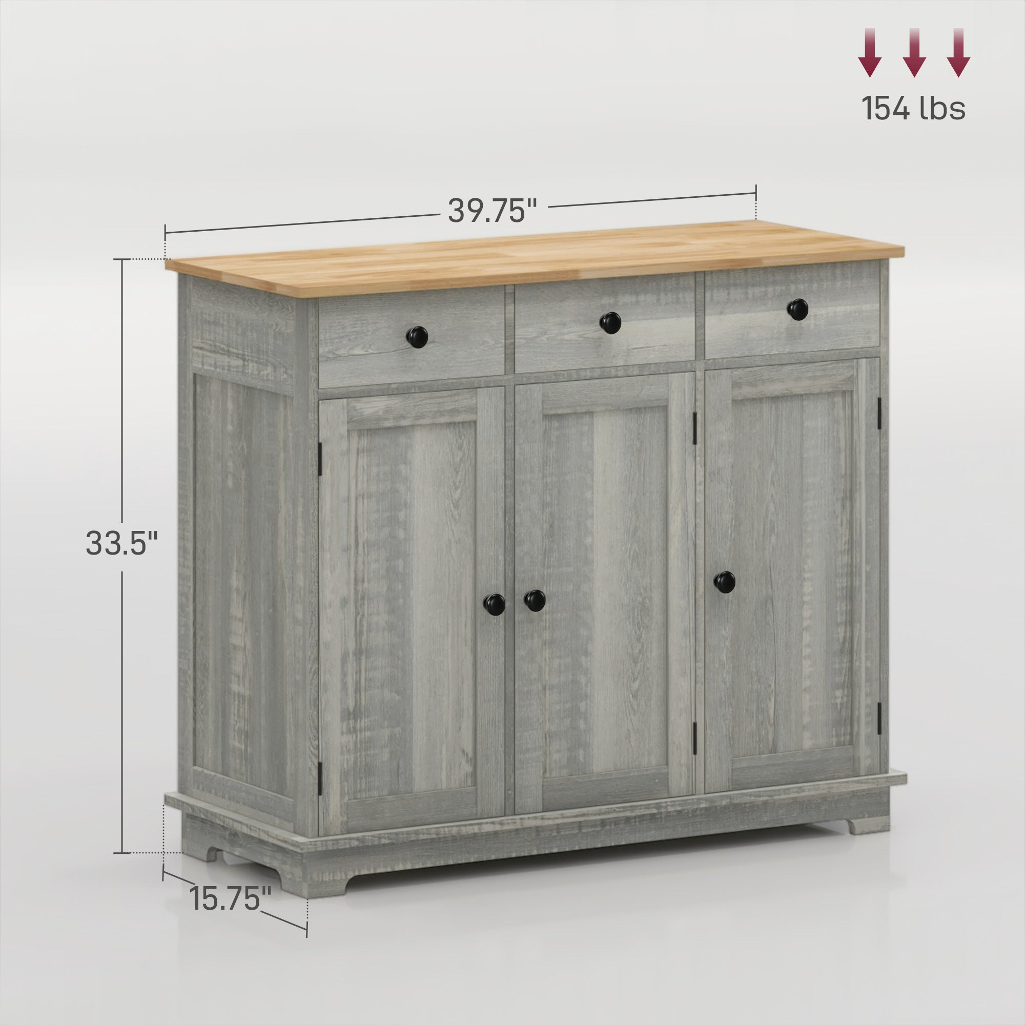 Kitchen Storage Cabinet, Sideboard Floor Cupboard with Solid Wood Top, Adjustable Shelf, and 3 Drawers, Light Gray