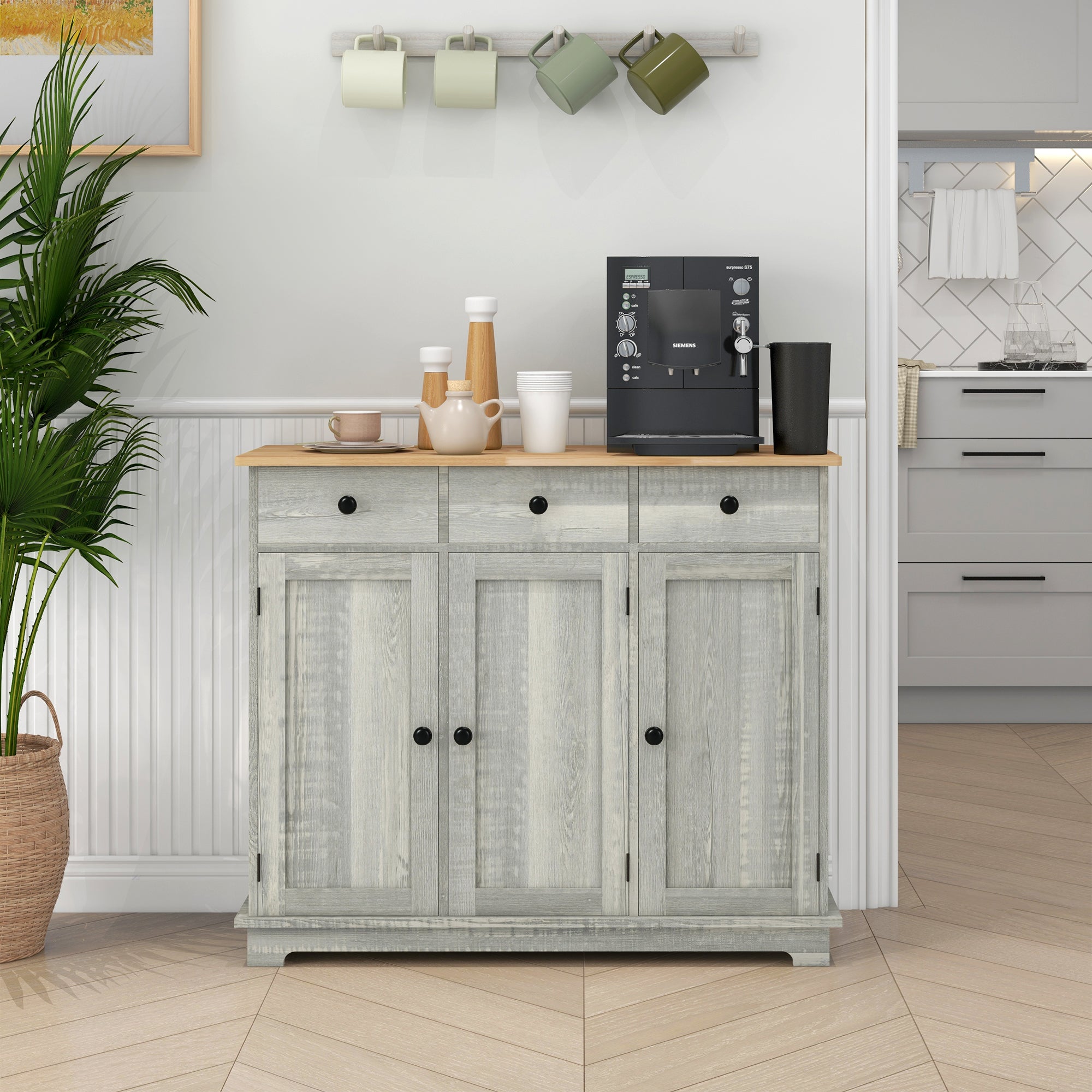 Kitchen Storage Cabinet, Sideboard Floor Cupboard with Solid Wood Top, Adjustable Shelf, and 3 Drawers, Light Gray