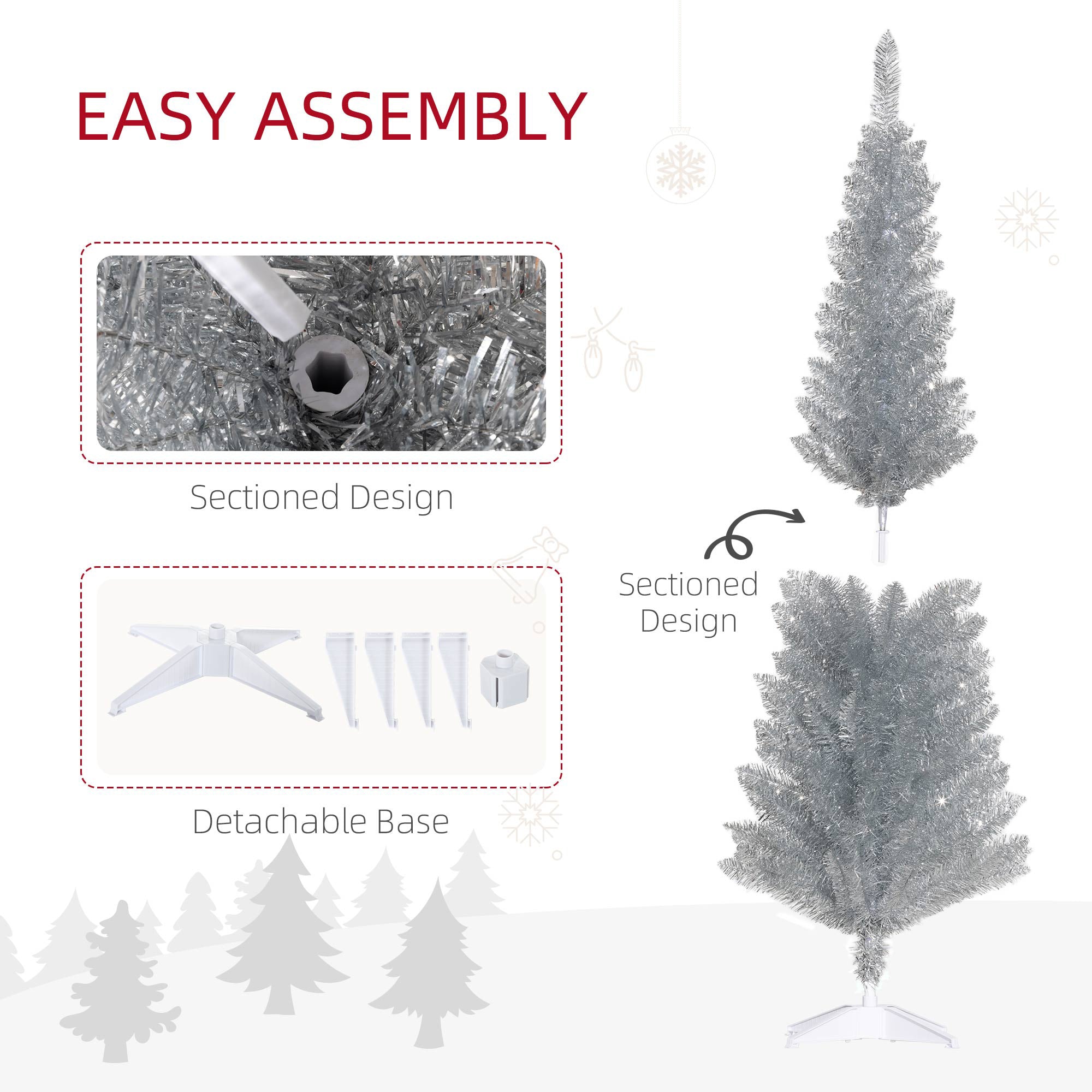 5ft Unlit Pencil Artificial Christmas Tree with Realistic Branches and 294 Tips Plastic Base Silver