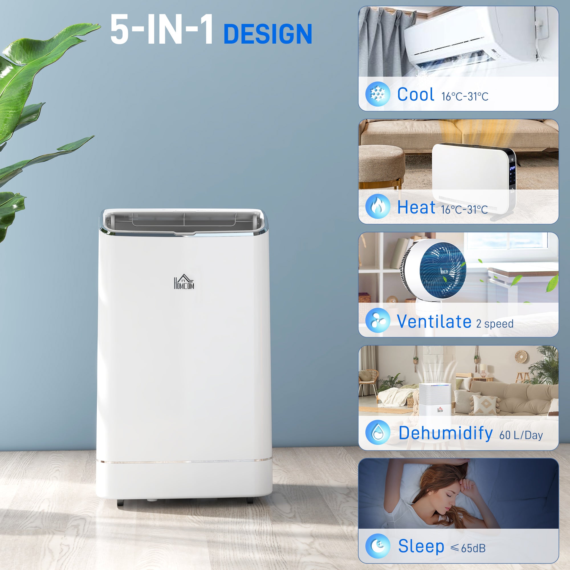HOMCOM 14000 BTU Portable Air Conditioner, Smart Home WiFi Compatible, 5-in-1 Heater Dehumidifier Cooler Fan, with Sleep Mode, Remote, 24H Timer, Window Venting Kit, A Energy Efficiency, 35m², White