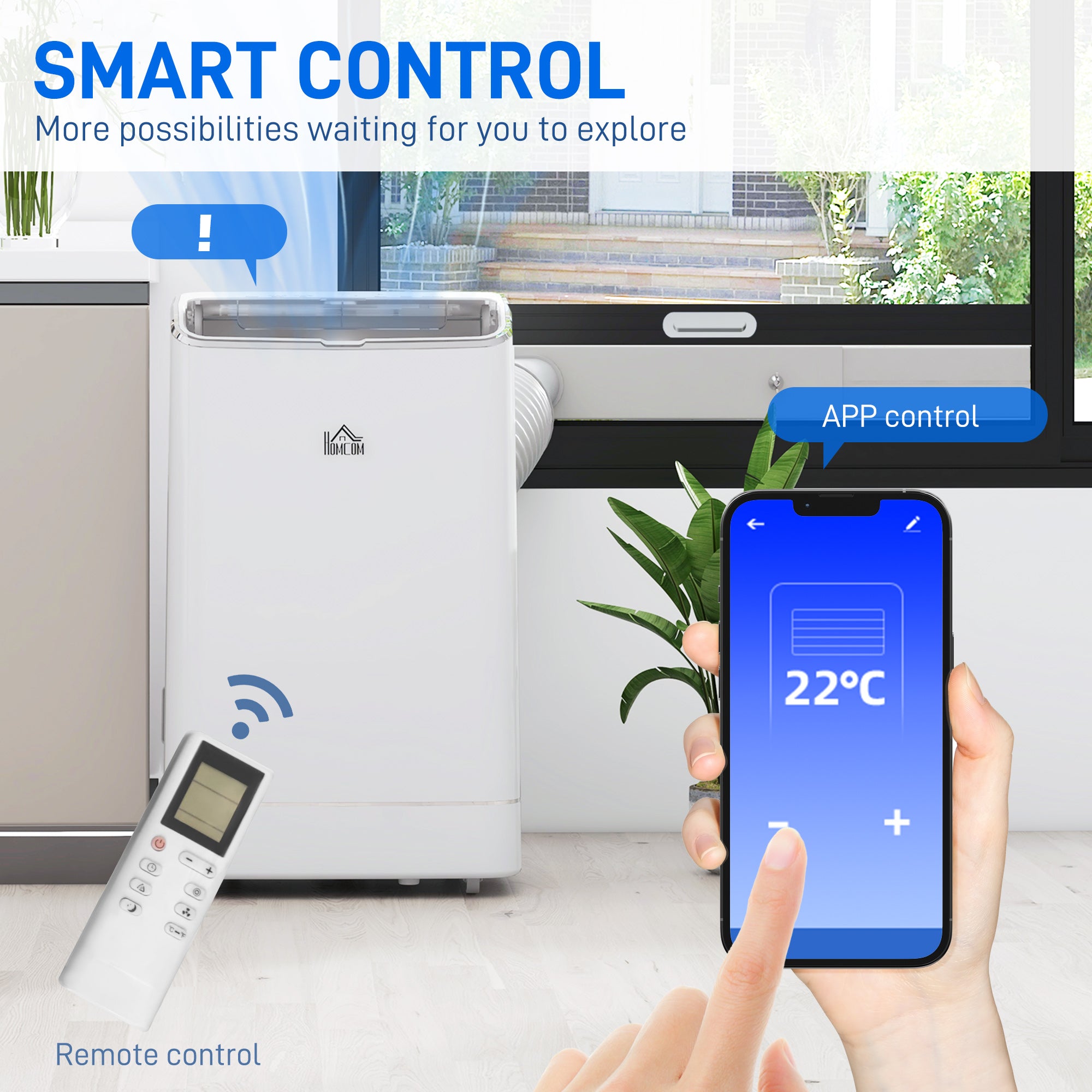 HOMCOM 14000 BTU Portable Air Conditioner, Smart Home WiFi Compatible, 5-in-1 Heater Dehumidifier Cooler Fan, with Sleep Mode, Remote, 24H Timer, Window Venting Kit, A Energy Efficiency, 35m², White