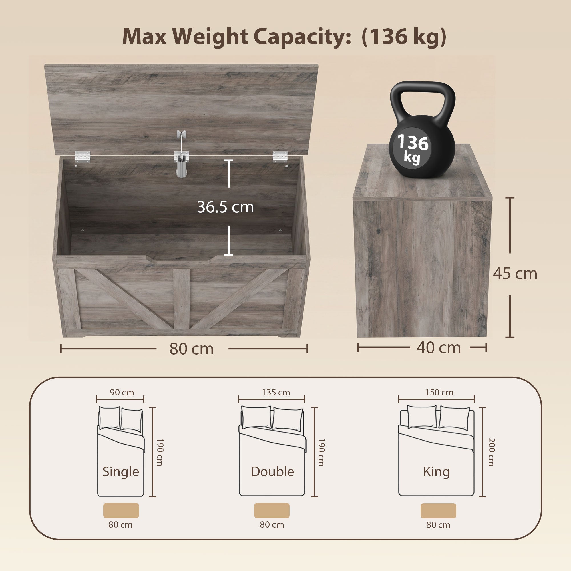 100L Storage Chest, Shoe Storage Trunk Bench Box with Safety Hinge and U-shaped Cut-out Pull, Blanket Box Ottoman for Bedroom, Living Room, Entryway, 80 x 40 x 45 cm, Grey Wood-Effect