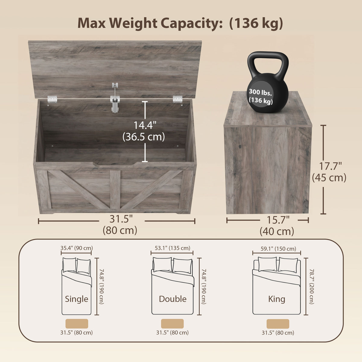 Storage Chest, Storage Bench with Safety Hinge and U-shaped Cut-out Pull for Living Room, Entryway, 31.5" x 15.7" x 17.7", Supports 300 lbs, Grey Wood Grain