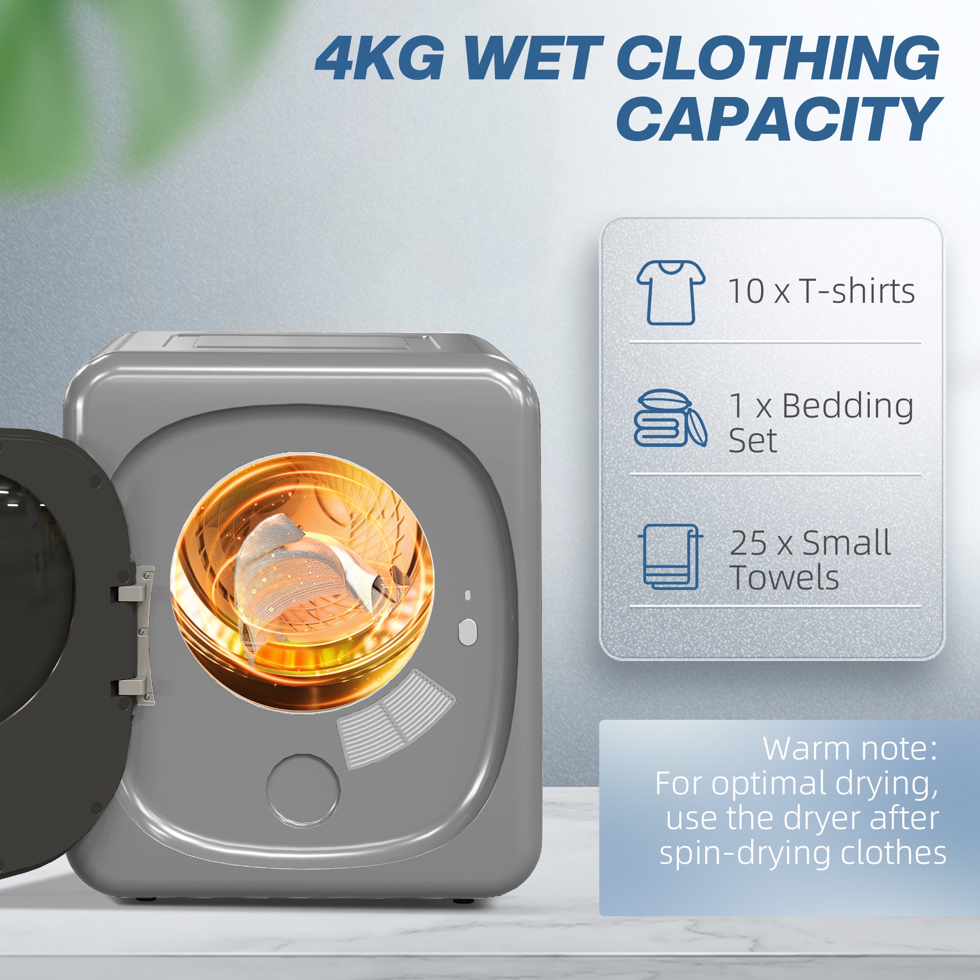 Vented Tumble Dryer, 4kg Wet Laundry/2.5kg Dry Capacity, 800W Compact Tumble Dryer with Smart Mode, Stainless Steel Drum, Freestanding Stackable Clothes Drying Machine, Silver Tone