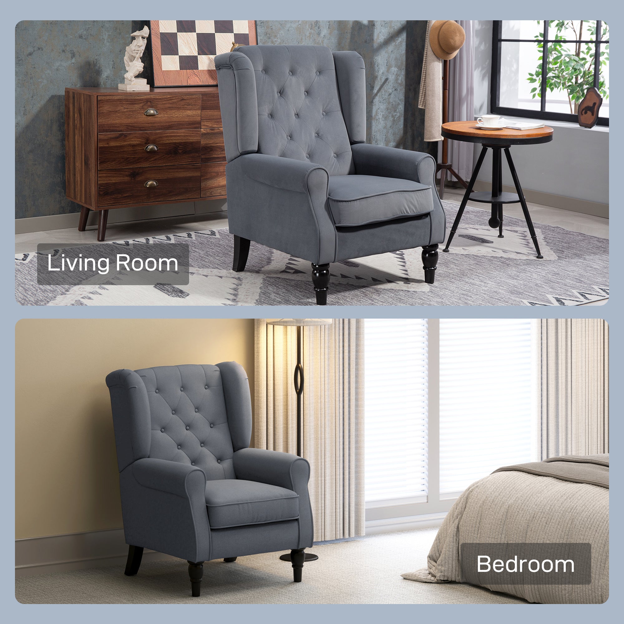 Retro Accent Chair, Velvet Wingback Armchair with Wood Frame Button Tufted Design for Living Room Bedroom, Grey
