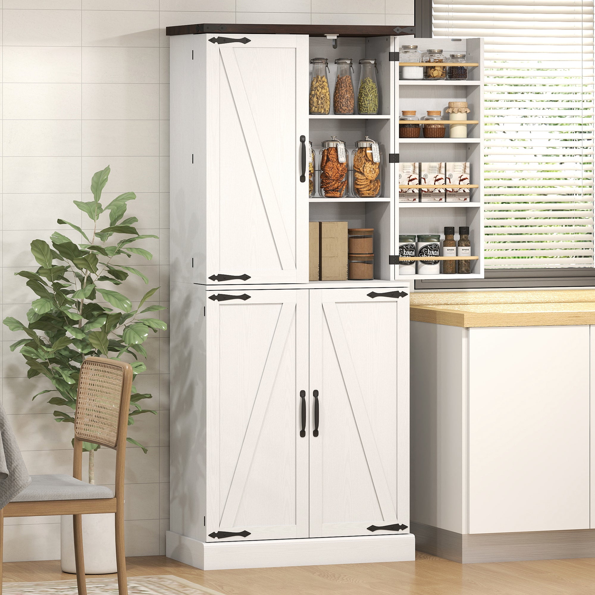 72" Tall Kitchen Pantry Cabinet, Farmhouse Storage Cabinet with 8 Door Racks and Drawer, Freestanding Food Pantry with Adjustable Shelves and Barn Doors, White